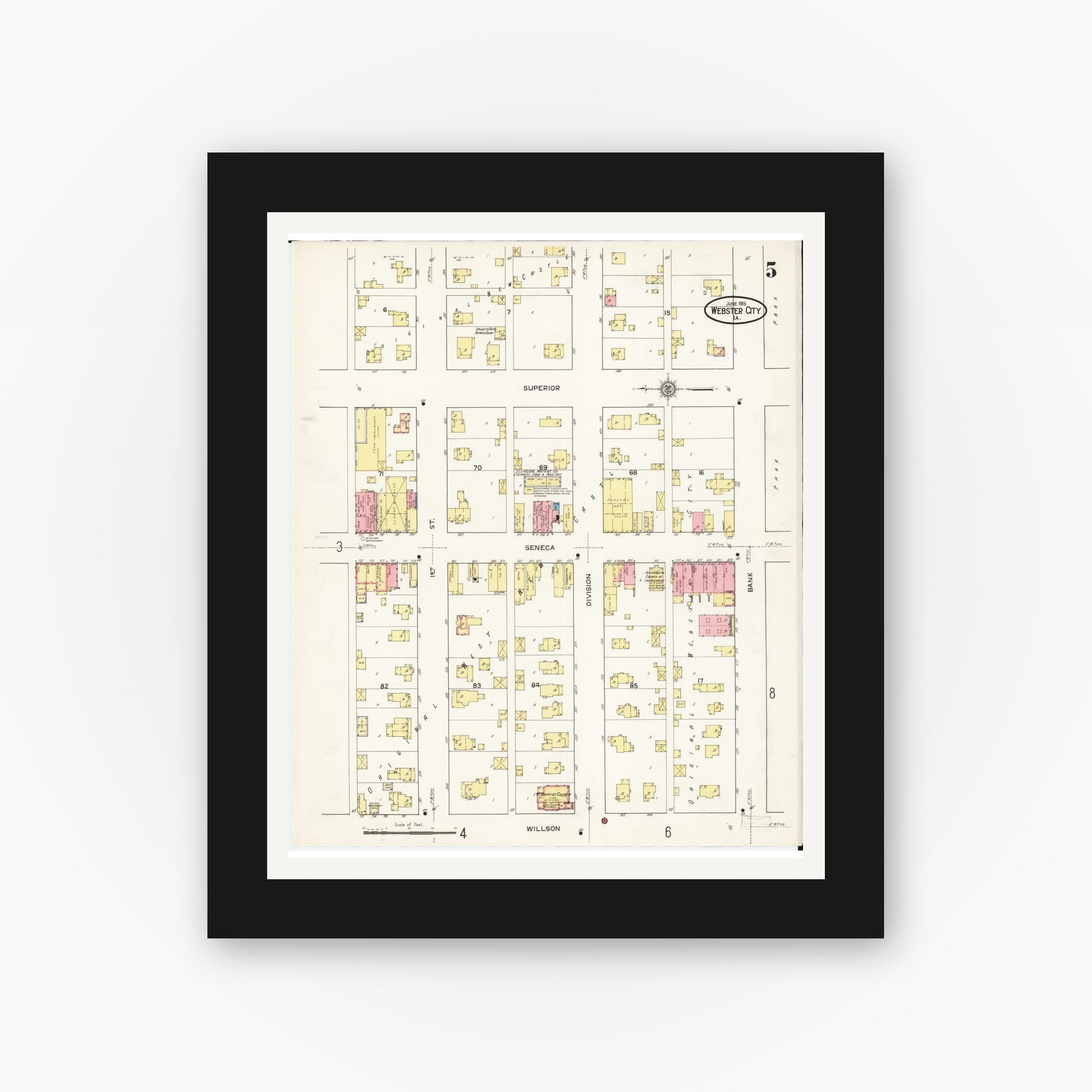 Old map wall art mockup — black gallery frame with white mat — Sanborn Fire Insurance Map from Webster City, Hamilton County, Iowa (1915), Sheet #0005