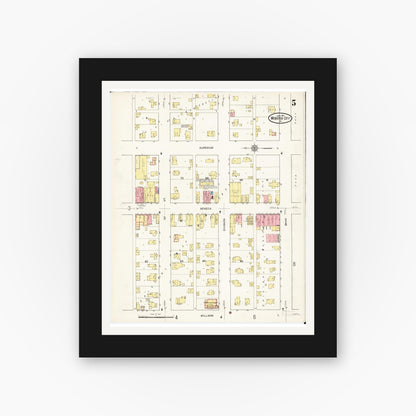 Old map wall art mockup — black gallery frame with white mat — Sanborn Fire Insurance Map from Webster City, Hamilton County, Iowa (1915), Sheet #0005