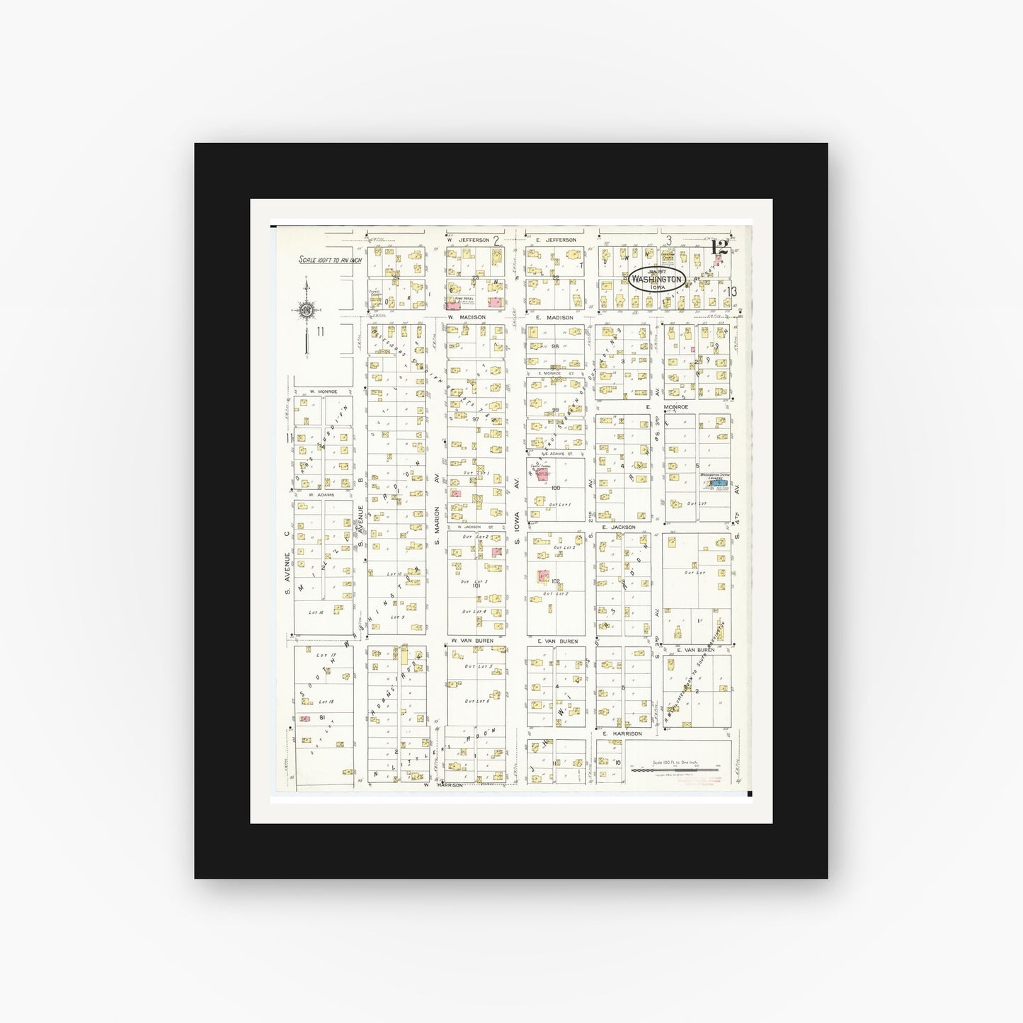 Old map wall art mockup — black gallery frame with white mat — Sanborn Fire Insurance Map from Washington, Washington County, Iowa (1917), Sheet #0012
