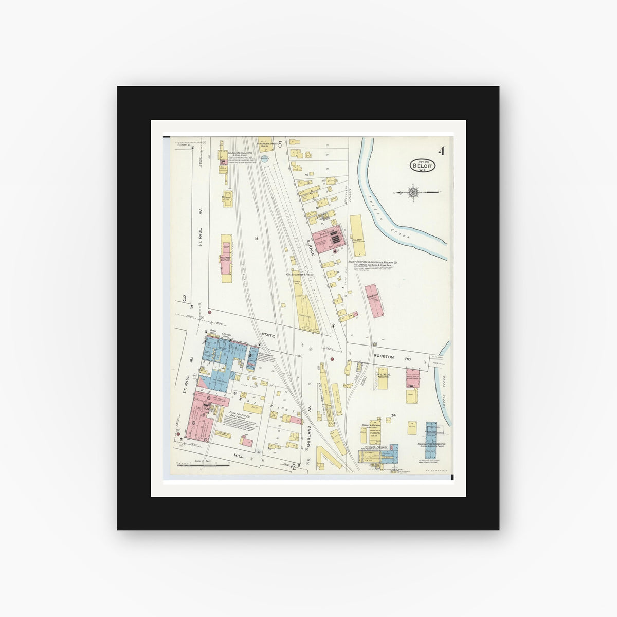 Old map wall art mockup — black gallery frame with white mat — Sanborn Fire Insurance Map from Beloit, Rock County, Wisconsin (1915), Sheet #0004