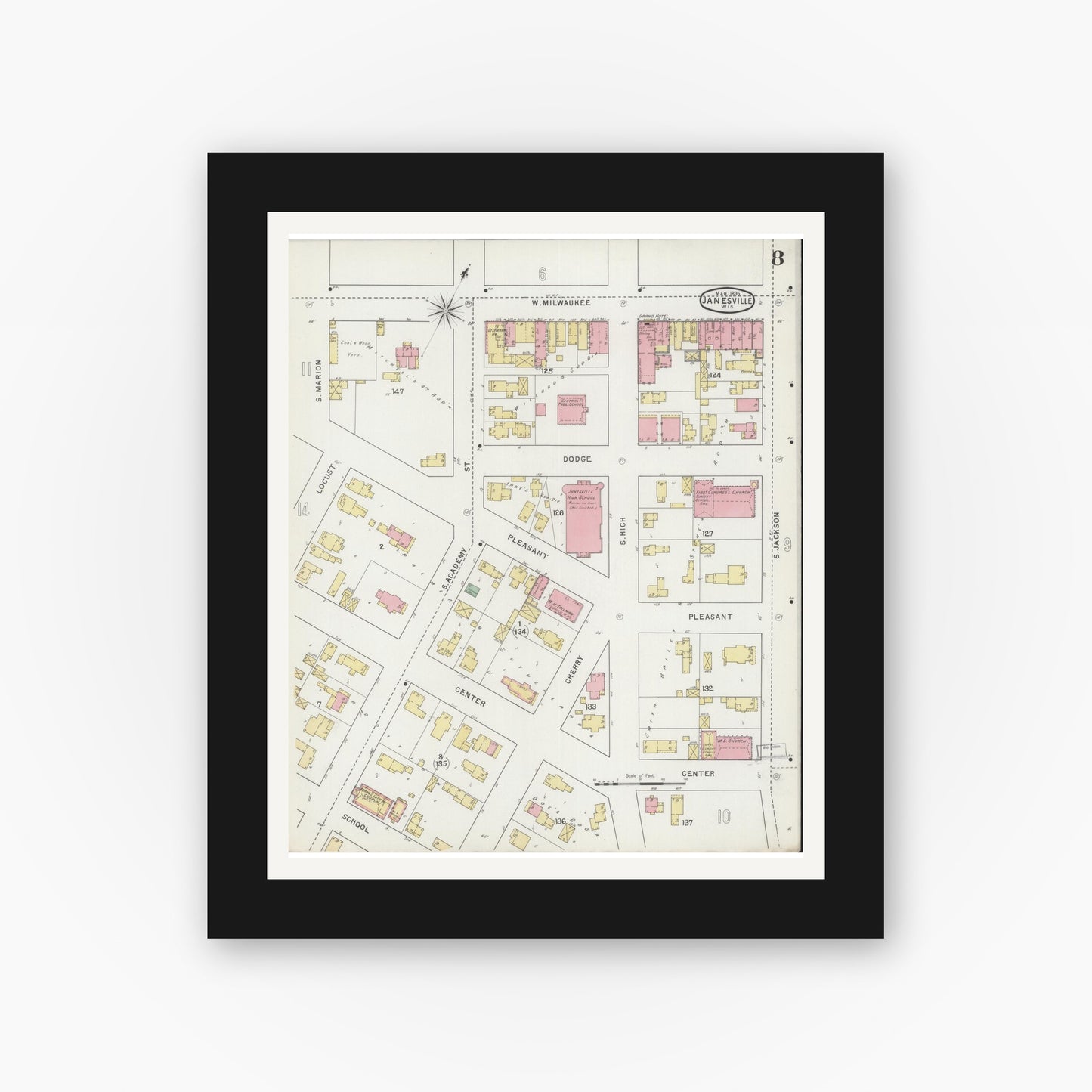 Old map wall art mockup — black gallery frame with white mat — Sanborn Fire Insurance Map from Janesville, Rock County, Wisconsin (1895), Sheet #0008