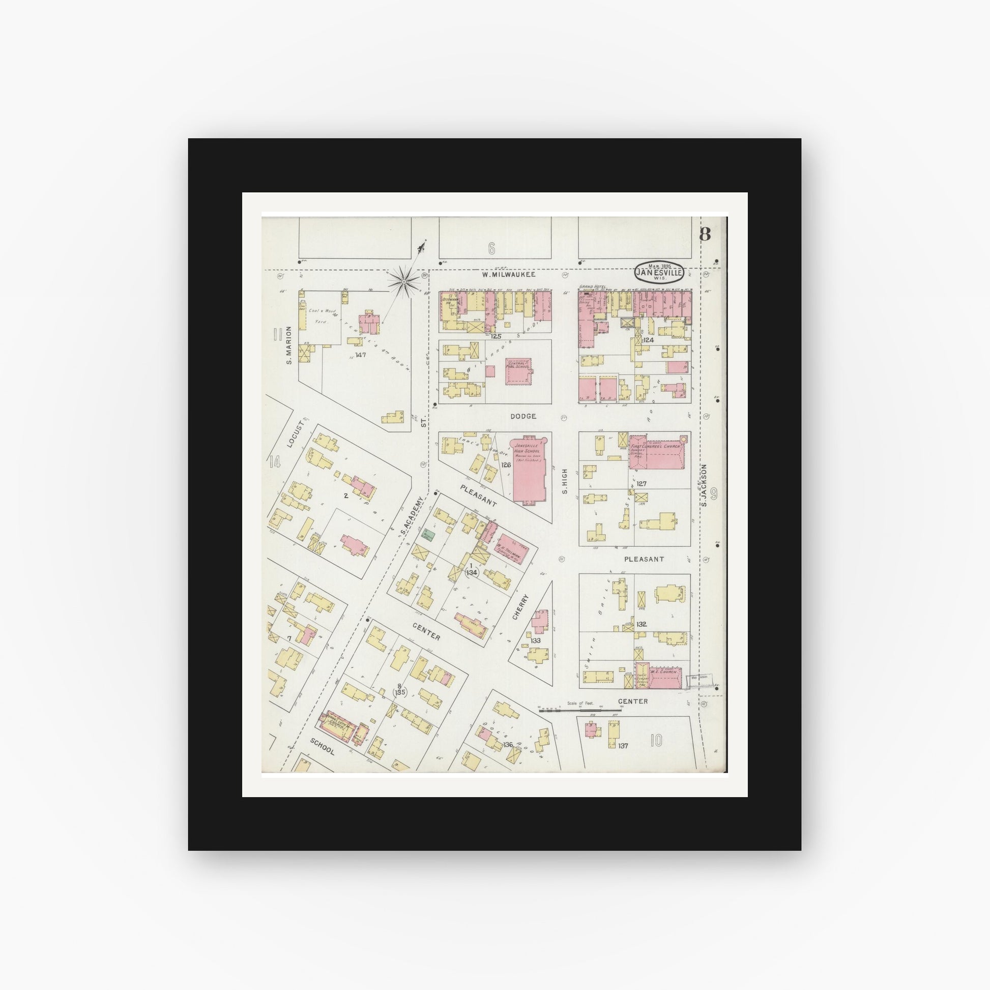 Old map wall art mockup — black gallery frame with white mat — Sanborn Fire Insurance Map from Janesville, Rock County, Wisconsin (1895), Sheet #0008