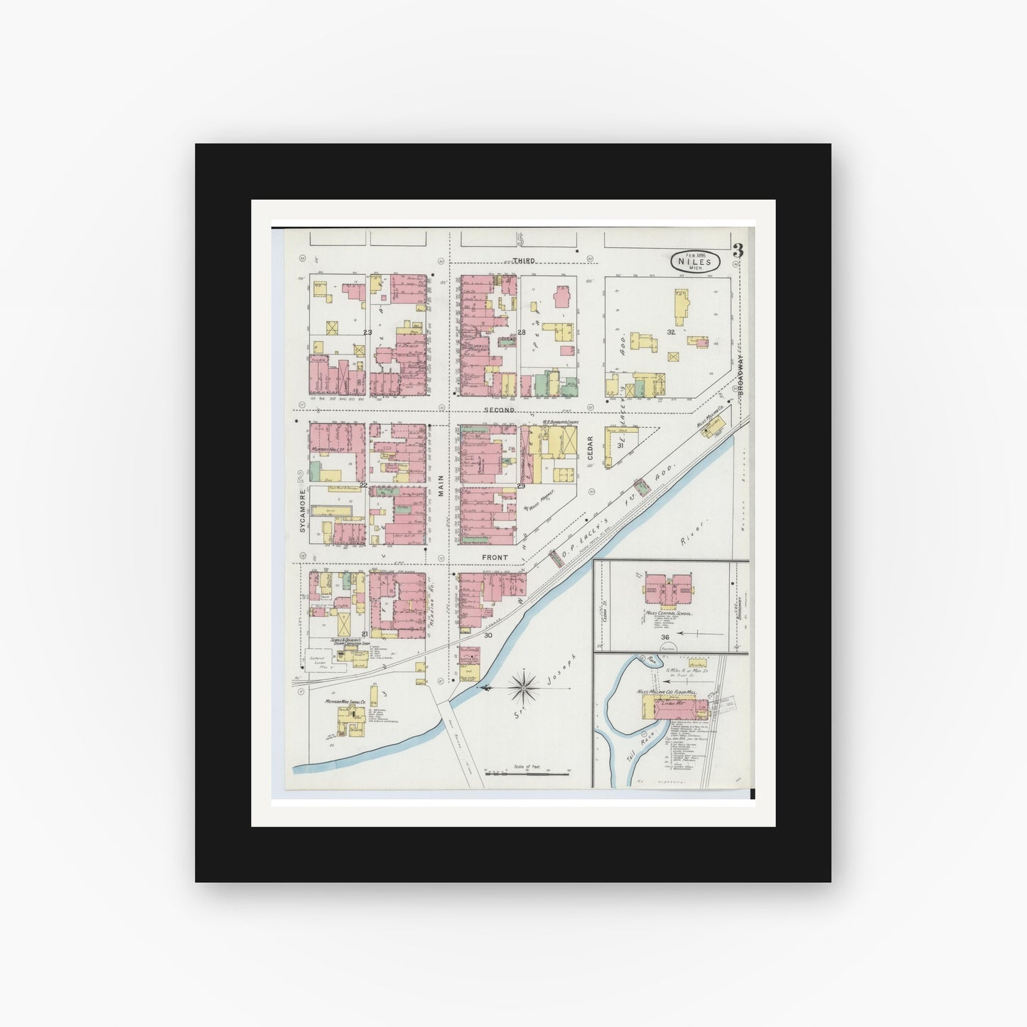Old map wall art mockup — black gallery frame with white mat — Sanborn Fire Insurance Map from Niles, Berrien County, Michigan (1895), Sheet #0003