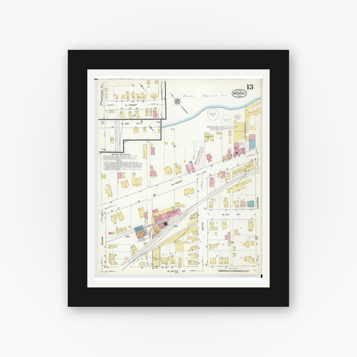 Old map wall art mockup — black gallery frame with white mat — Sanborn Fire Insurance Map from Monroe, Monroe County, Michigan (1916), Sheet #0013