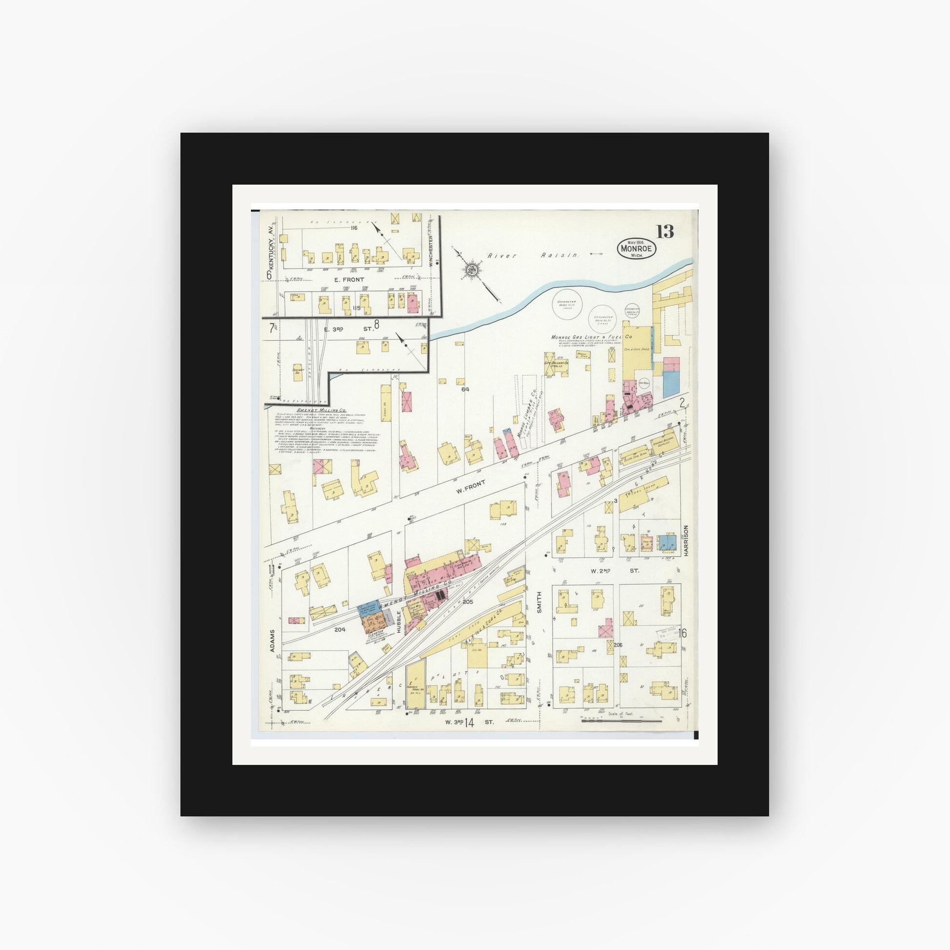 Old map wall art mockup — black gallery frame with white mat — Sanborn Fire Insurance Map from Monroe, Monroe County, Michigan (1916), Sheet #0013