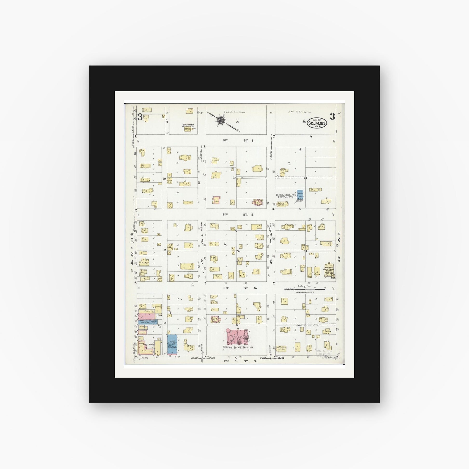 Old map wall art mockup — black gallery frame with white mat — Sanborn Fire Insurance Map from Saint James, Watonwan County, Minnesota (1924), Sheet #0003