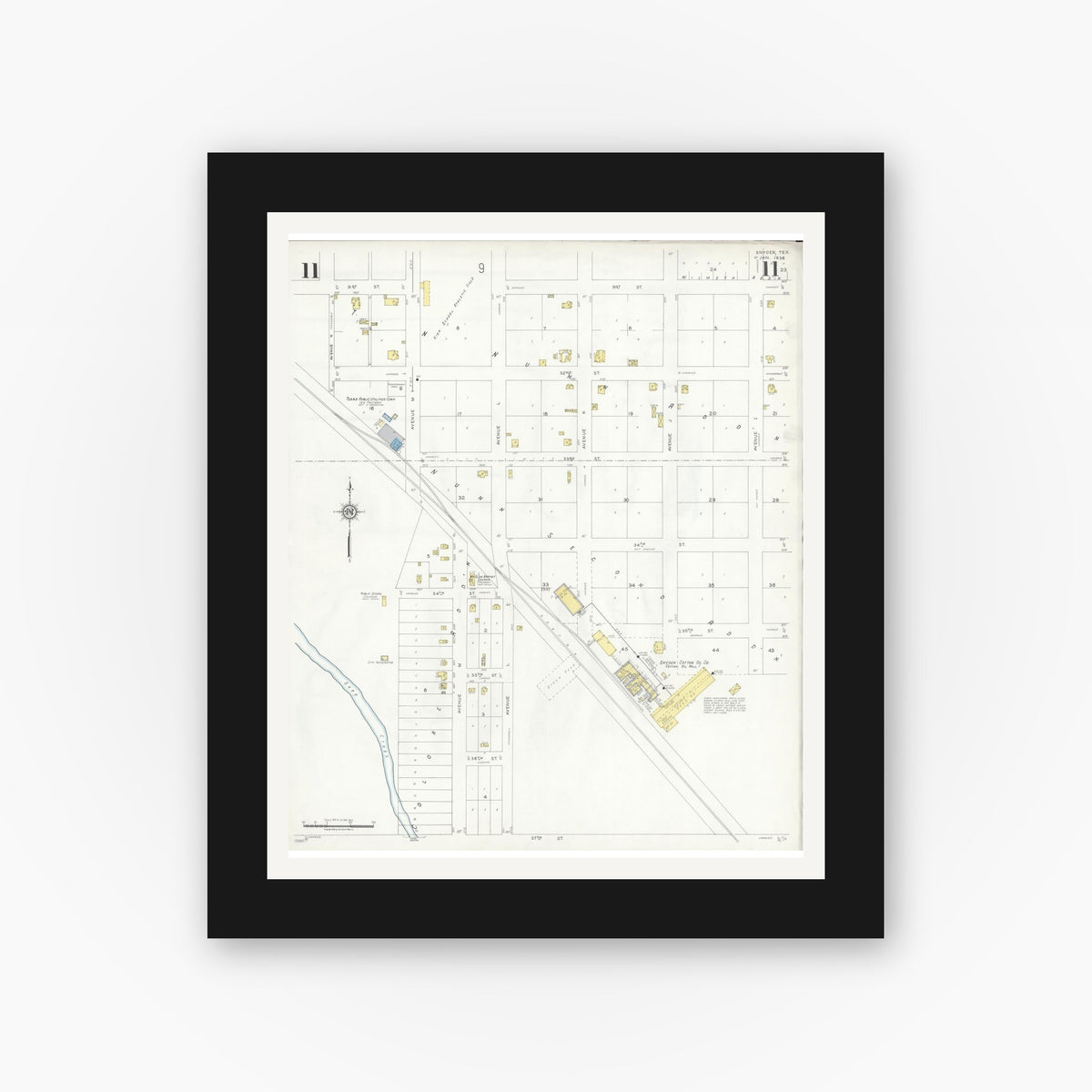 Old map wall art mockup — black gallery frame with white mat — Sanborn Fire Insurance Map from Snyder, Scurry County, Texas (1936), Sheet #0011