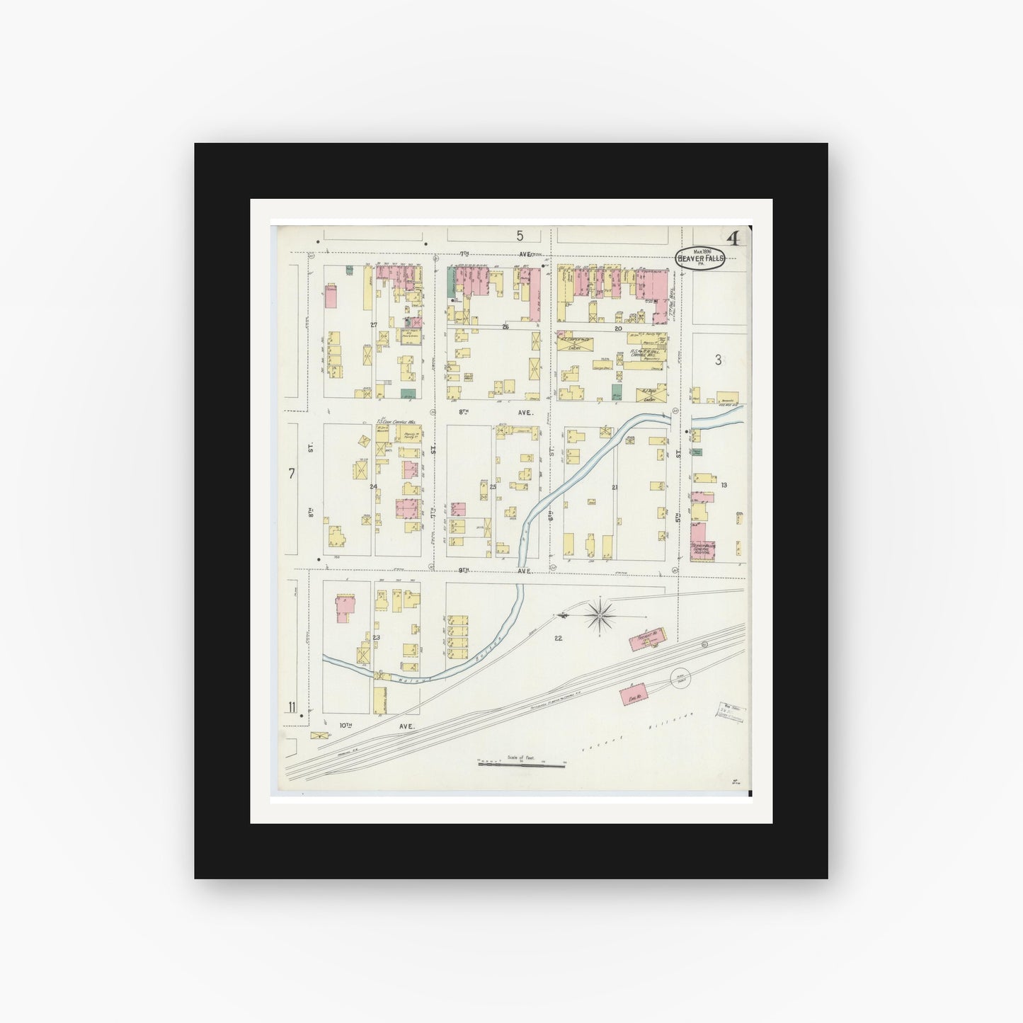 Old map wall art mockup — black gallery frame with white mat — Sanborn Fire Insurance Map from Beaver Falls, Beaver County, Pennsylvania (1896), Sheet #0004