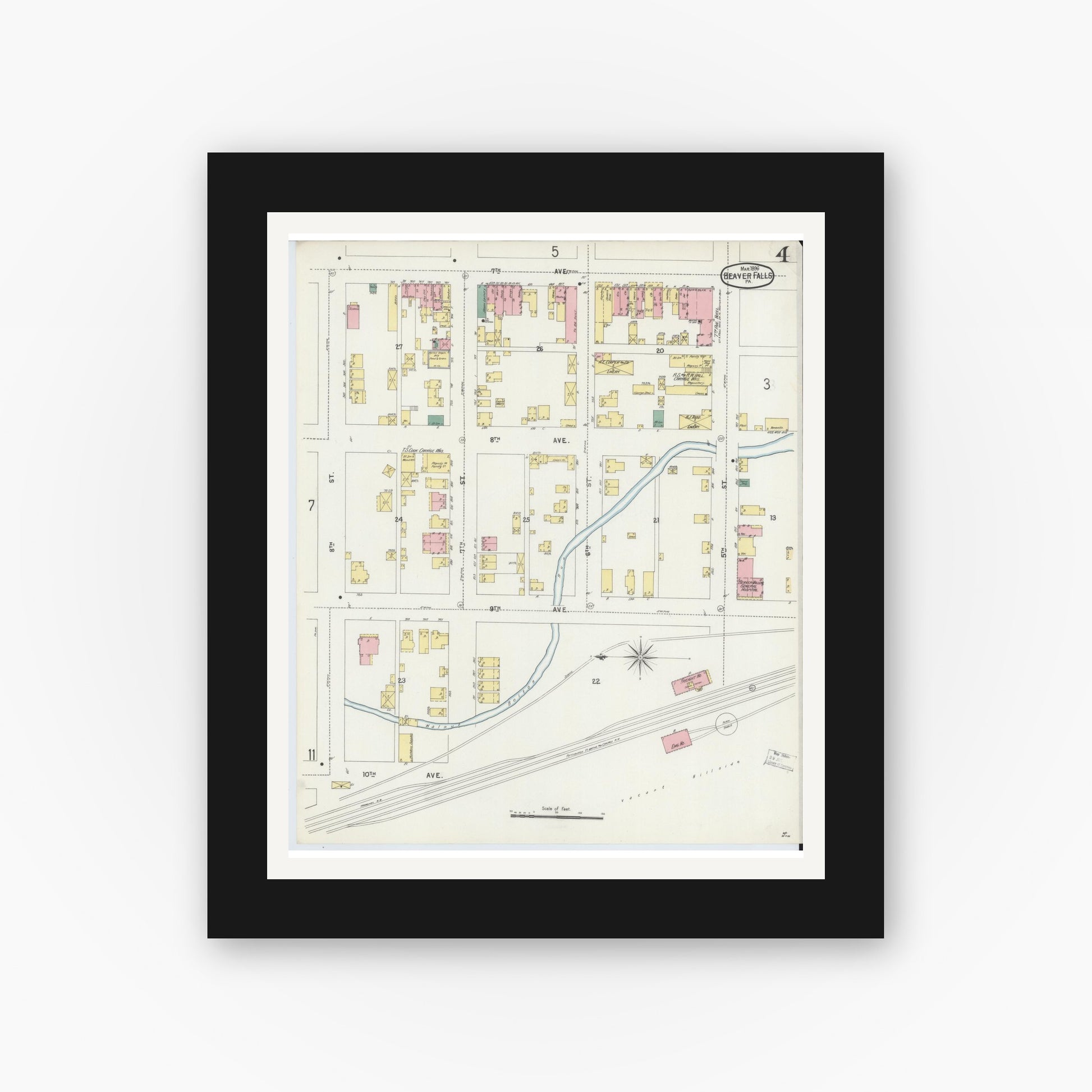 Old map wall art mockup — black gallery frame with white mat — Sanborn Fire Insurance Map from Beaver Falls, Beaver County, Pennsylvania (1896), Sheet #0004
