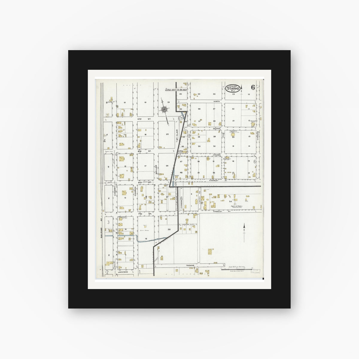 Old map wall art mockup — black gallery frame with white mat — Sanborn Fire Insurance Map from Starke, Bradford County, Florida (1920), Sheet #0006