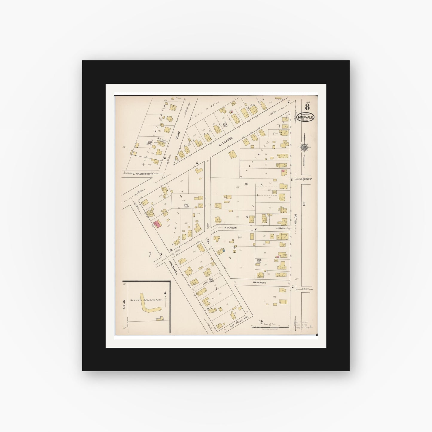 Old map wall art mockup — black gallery frame with white mat — Sanborn Fire Insurance Map from Norwalk, Huron County, Ohio (1922), Sheet #0008