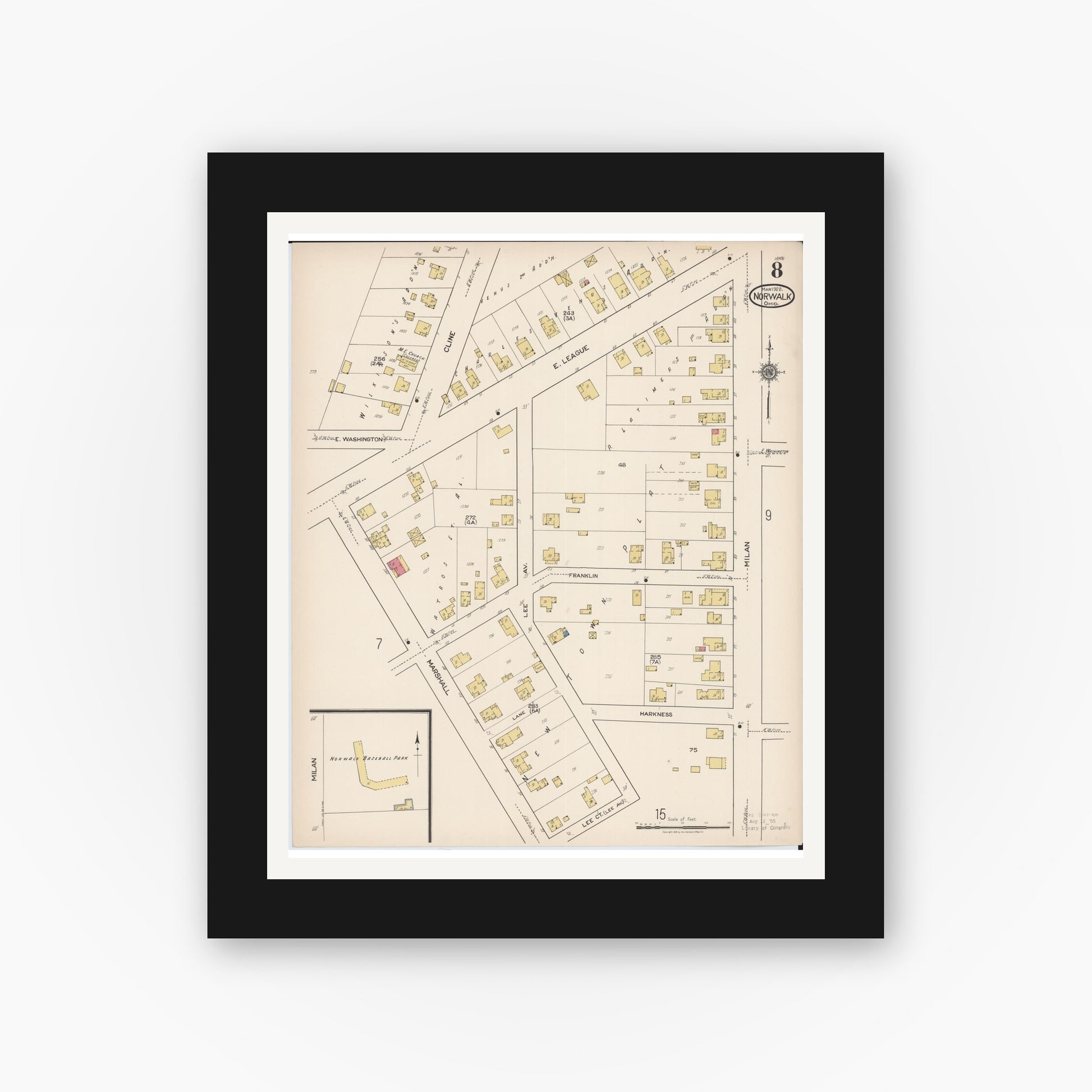 Old map wall art mockup — black gallery frame with white mat — Sanborn Fire Insurance Map from Norwalk, Huron County, Ohio (1922), Sheet #0008