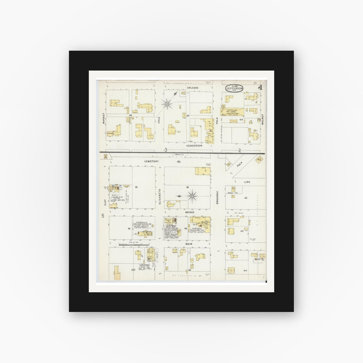 Old map wall art mockup — black gallery frame with white mat — Sanborn Fire Insurance Map from Jefferson, Marion County, Texas (1896), Sheet #0004