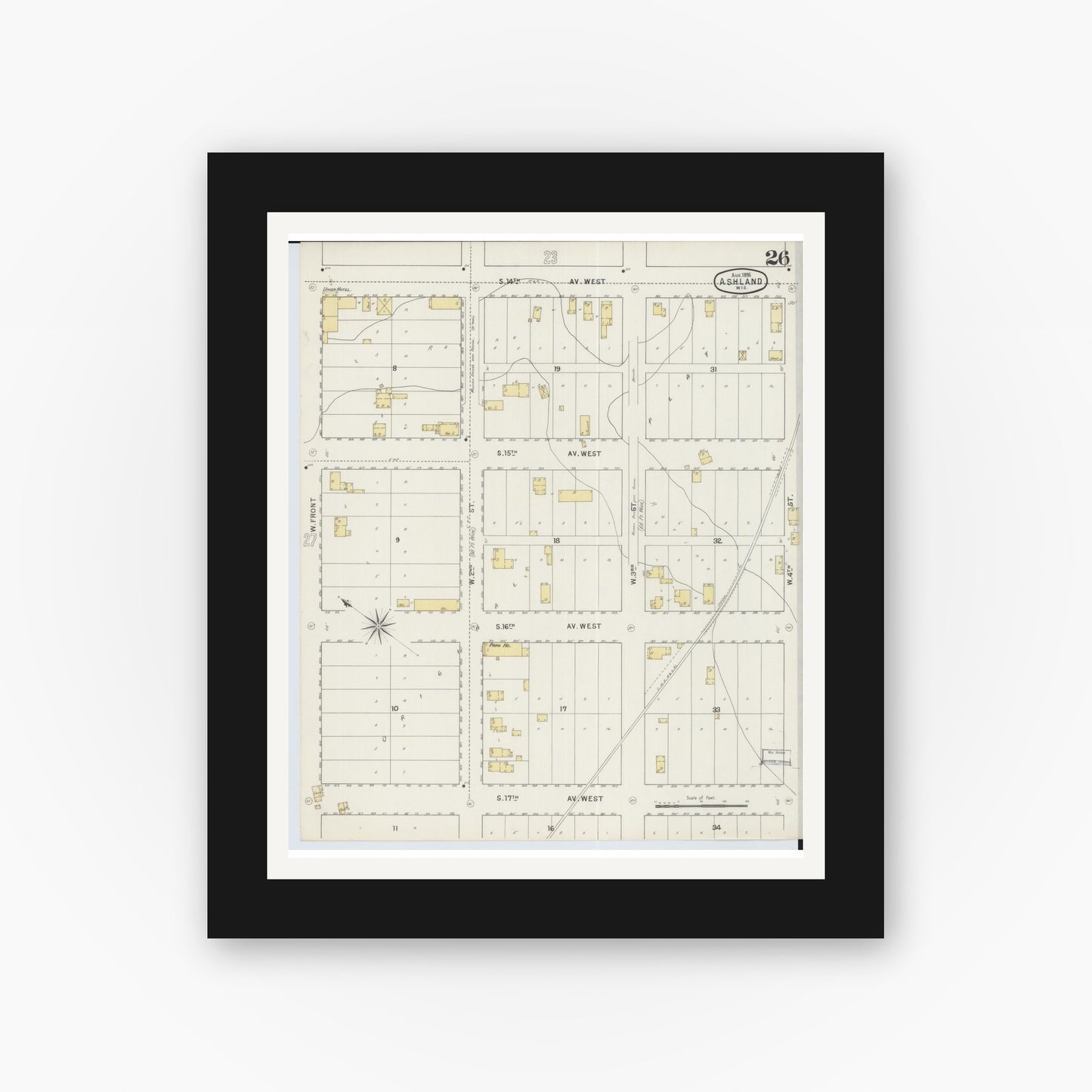 Old map wall art mockup — black gallery frame with white mat — Sanborn Fire Insurance Map from Ashland, Ashland County, Wisconsin (1895), Sheet #0026