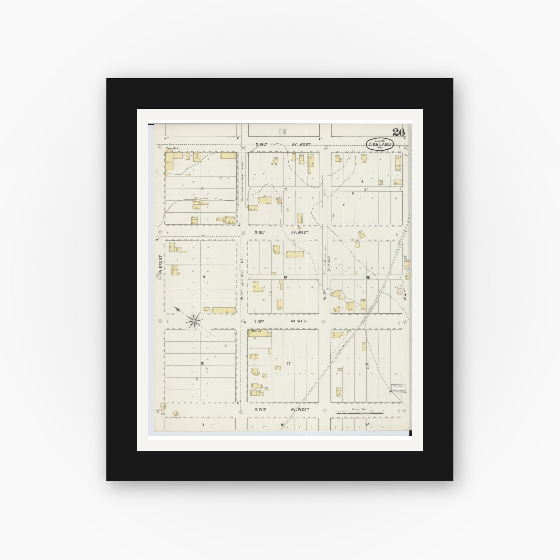 Old map wall art mockup — black gallery frame with white mat — Sanborn Fire Insurance Map from Ashland, Ashland County, Wisconsin (1895), Sheet #0026