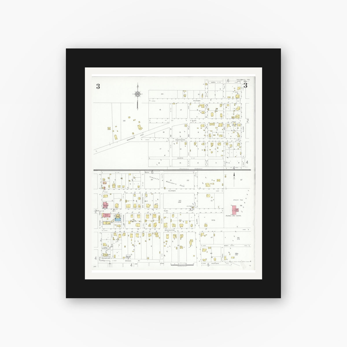 Old map wall art mockup — black gallery frame with white mat — Sanborn Fire Insurance Map from Rockwall, Rockwall County, Texas (1934), Sheet #0003