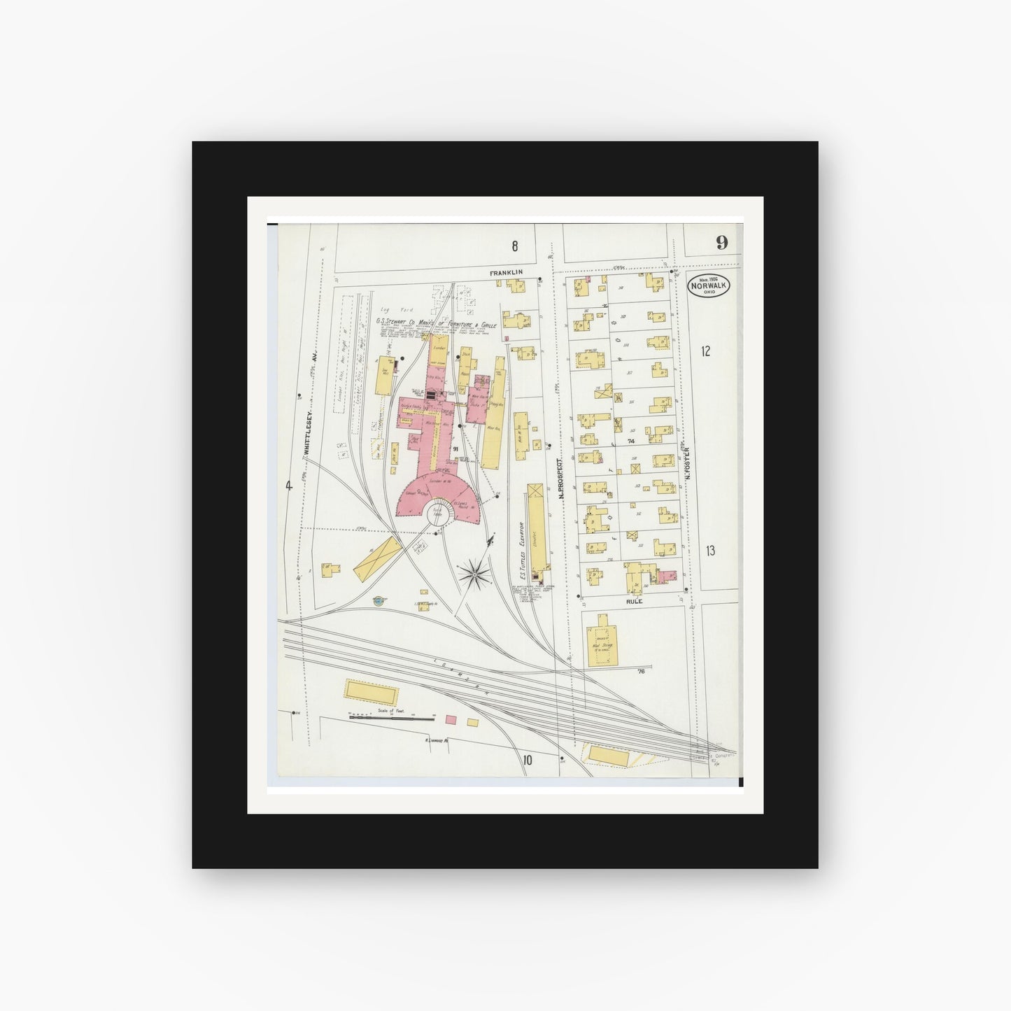 Old map wall art mockup — black gallery frame with white mat — Sanborn Fire Insurance Map from Norwalk, Huron County, Ohio (1906), Sheet #0009