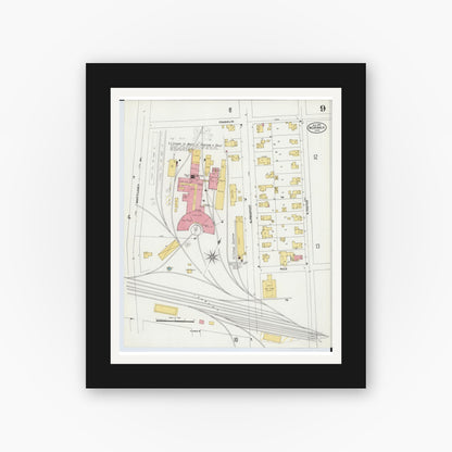 Old map wall art mockup — black gallery frame with white mat — Sanborn Fire Insurance Map from Norwalk, Huron County, Ohio (1906), Sheet #0009