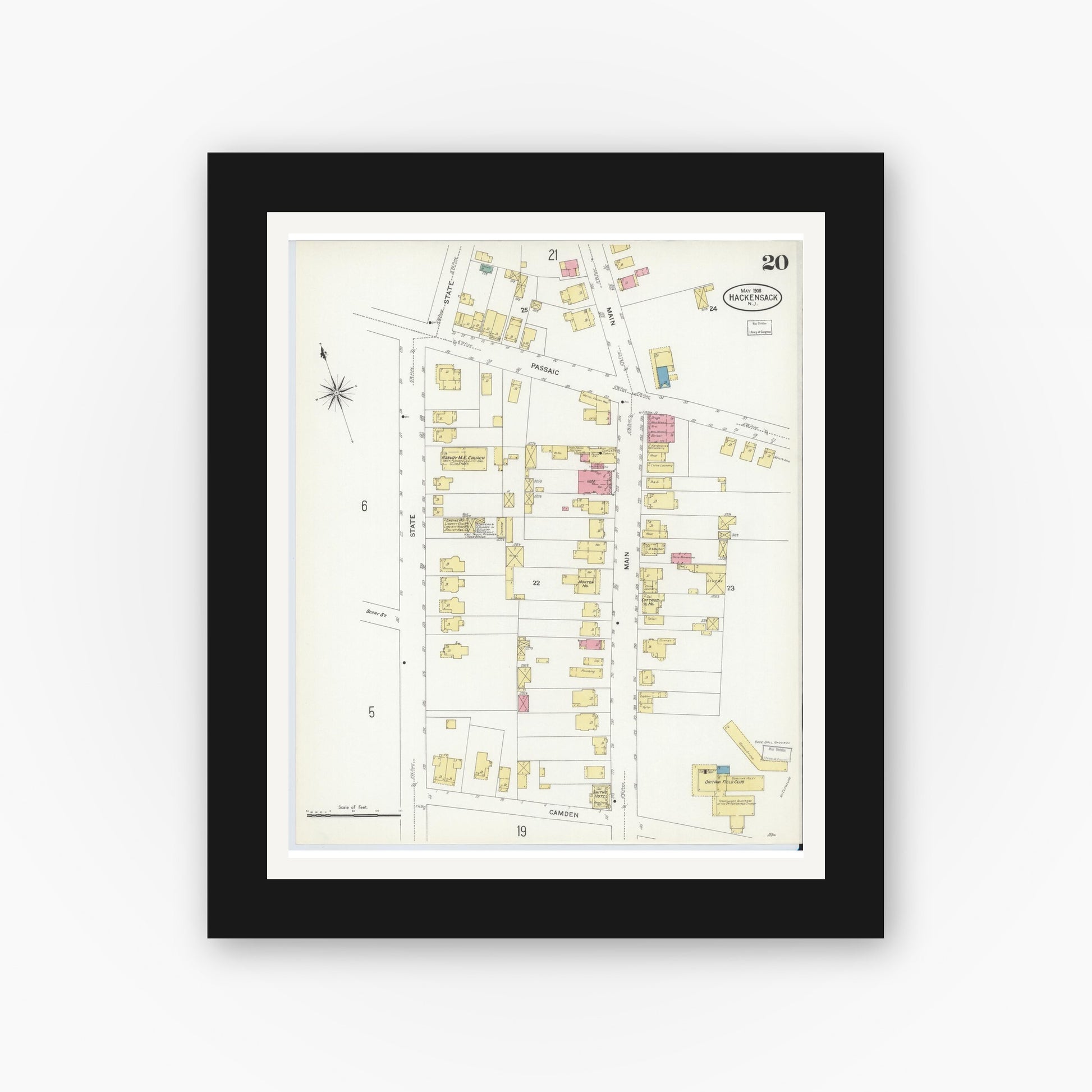 Old map wall art mockup — black gallery frame with white mat — Sanborn Fire Insurance Map from Hackensack, Bergen County, New Jersey (1908), Sheet #0020