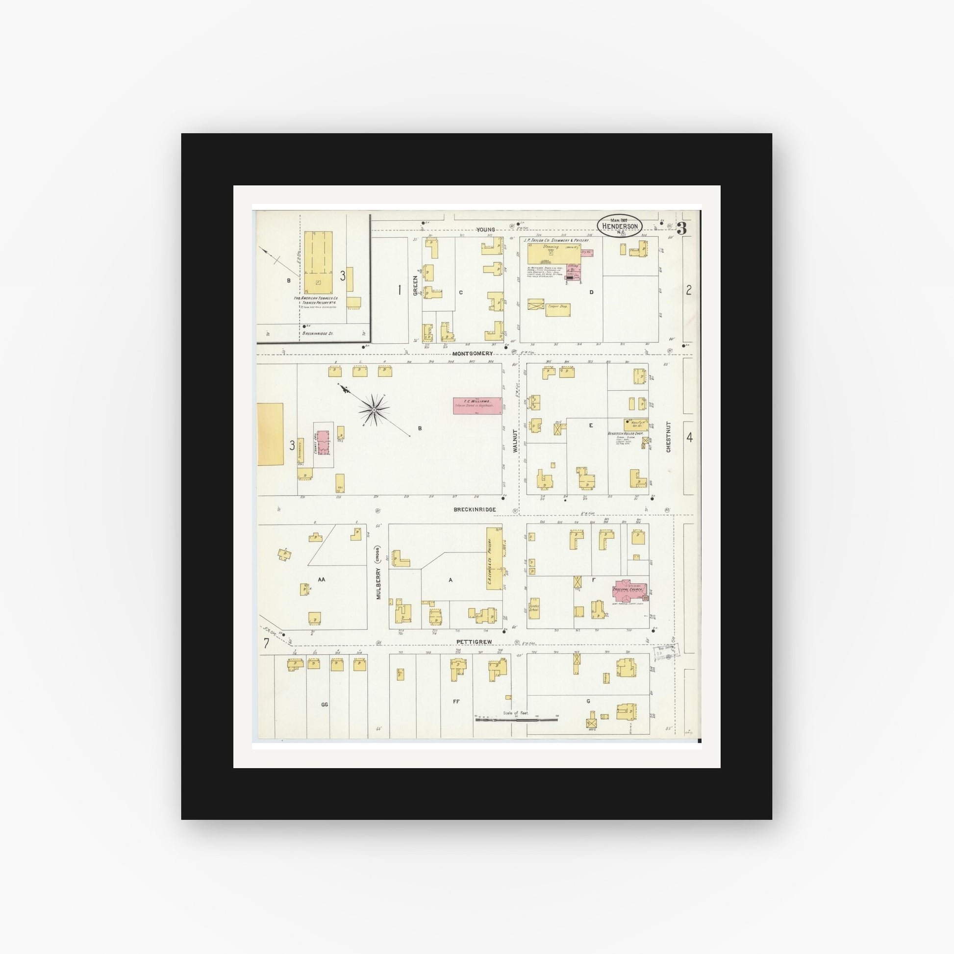 Old map wall art mockup — black gallery frame with white mat — Sanborn Fire Insurance Map from Henderson, Vance County, North Carolina (1907), Sheet #0003