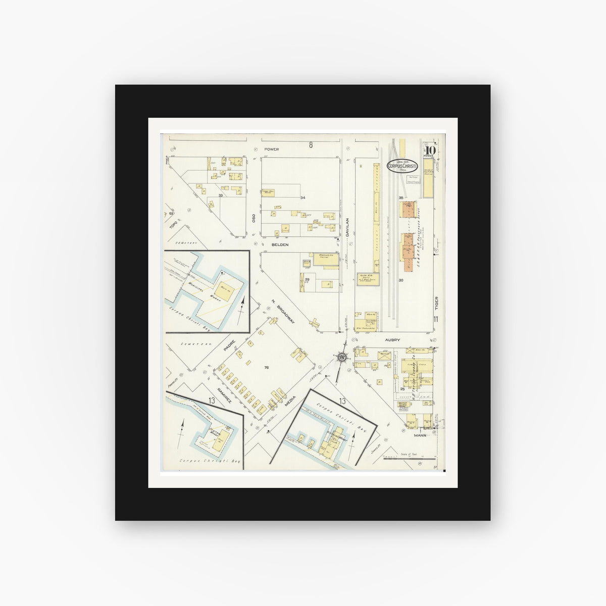 Old map wall art mockup — black gallery frame with white mat — Sanborn Fire Insurance Map from Corpus Christi, Nueces County, Texas (1914), Sheet #0010