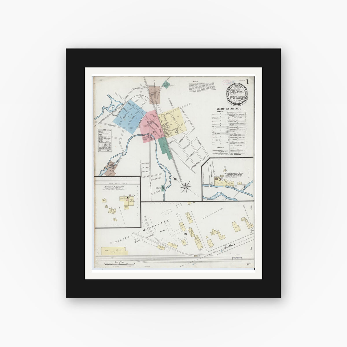 Old map wall art mockup — black gallery frame with white mat — Sanborn Fire Insurance Map from Attleboro, Bristol County, Massachusetts (1889), Sheet #0001