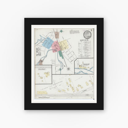 Old map wall art mockup — black gallery frame with white mat — Sanborn Fire Insurance Map from Attleboro, Bristol County, Massachusetts (1889), Sheet #0001