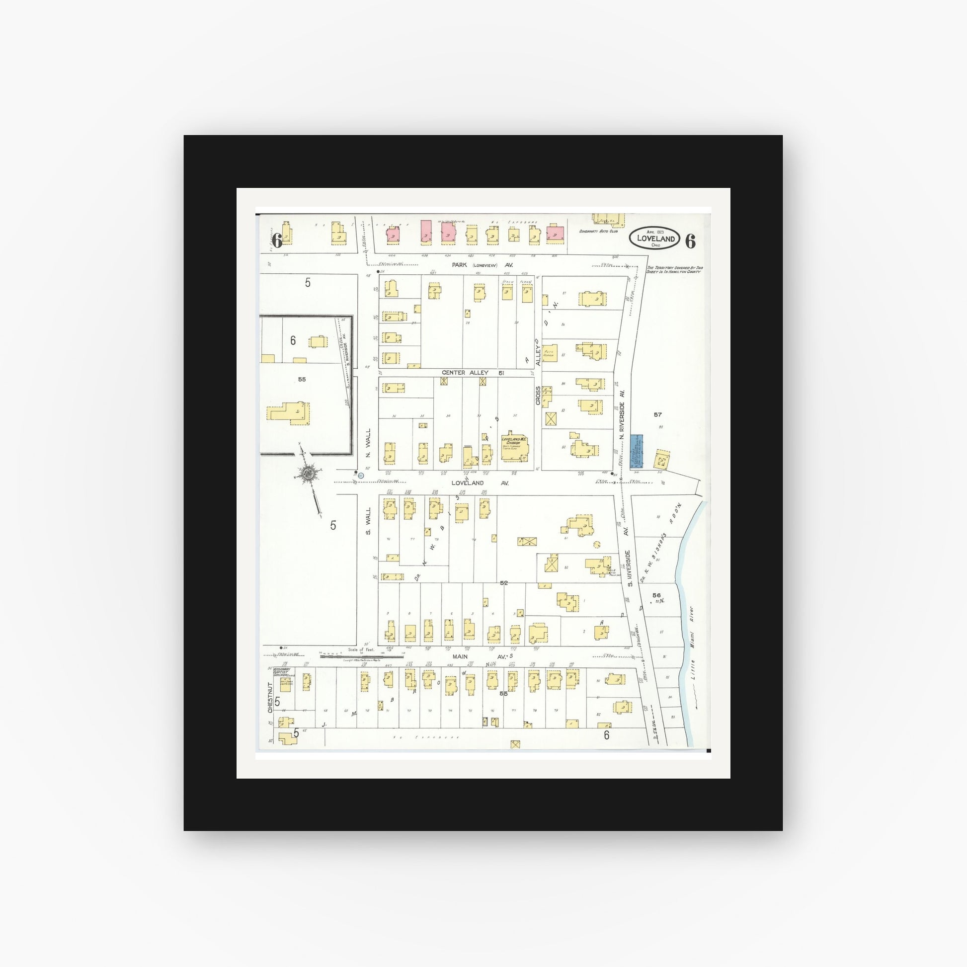 Old map wall art mockup — black gallery frame with white mat — Sanborn Fire Insurance Map from Loveland, Clermont, Hamilton, And Warren County, Ohio (1923), Sheet #0006