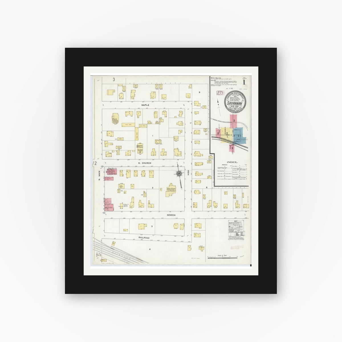 Old map wall art mockup — black gallery frame with white mat — Sanborn Fire Insurance Map from Savannah, Wayne County, New York (1910), Sheet #0001