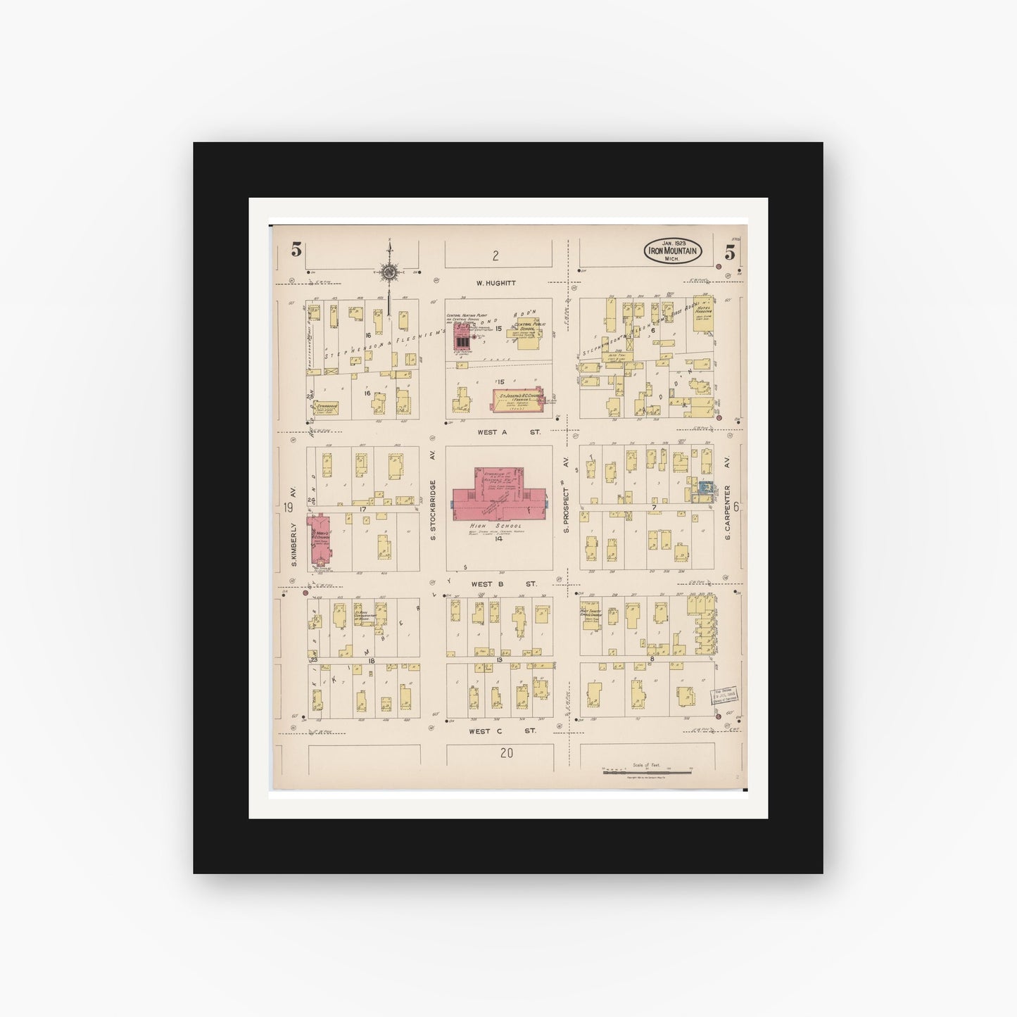 Old map wall art mockup — black gallery frame with white mat — Sanborn Fire Insurance Map from Iron Mountain, Dickinson County, Michigan (1923), Sheet #0005