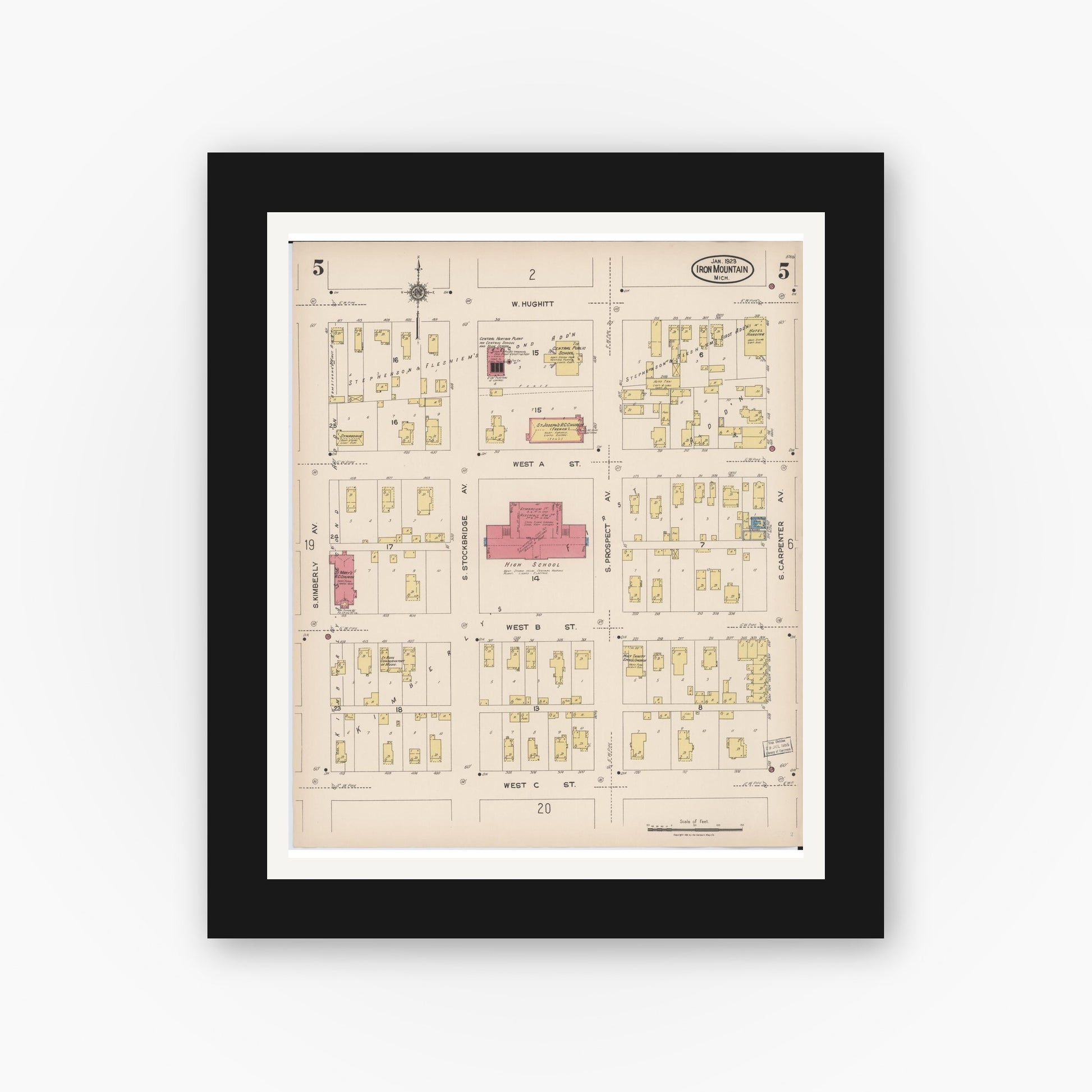 Old map wall art mockup — black gallery frame with white mat — Sanborn Fire Insurance Map from Iron Mountain, Dickinson County, Michigan (1923), Sheet #0005