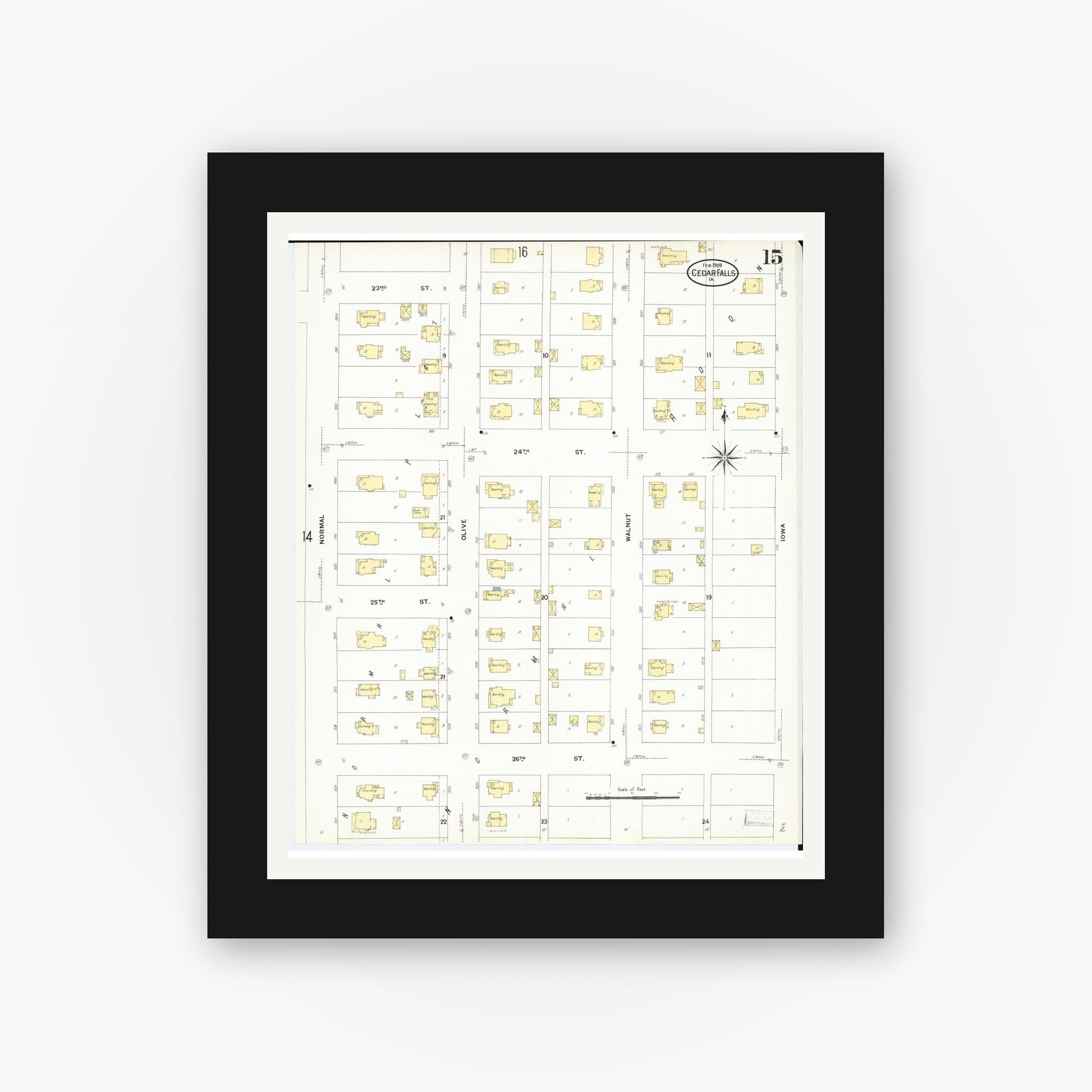 Old map wall art mockup — black gallery frame with white mat — Sanborn Fire Insurance Map from Cedar Falls, Black Hawk County, Iowa (1909), Sheet #0015
