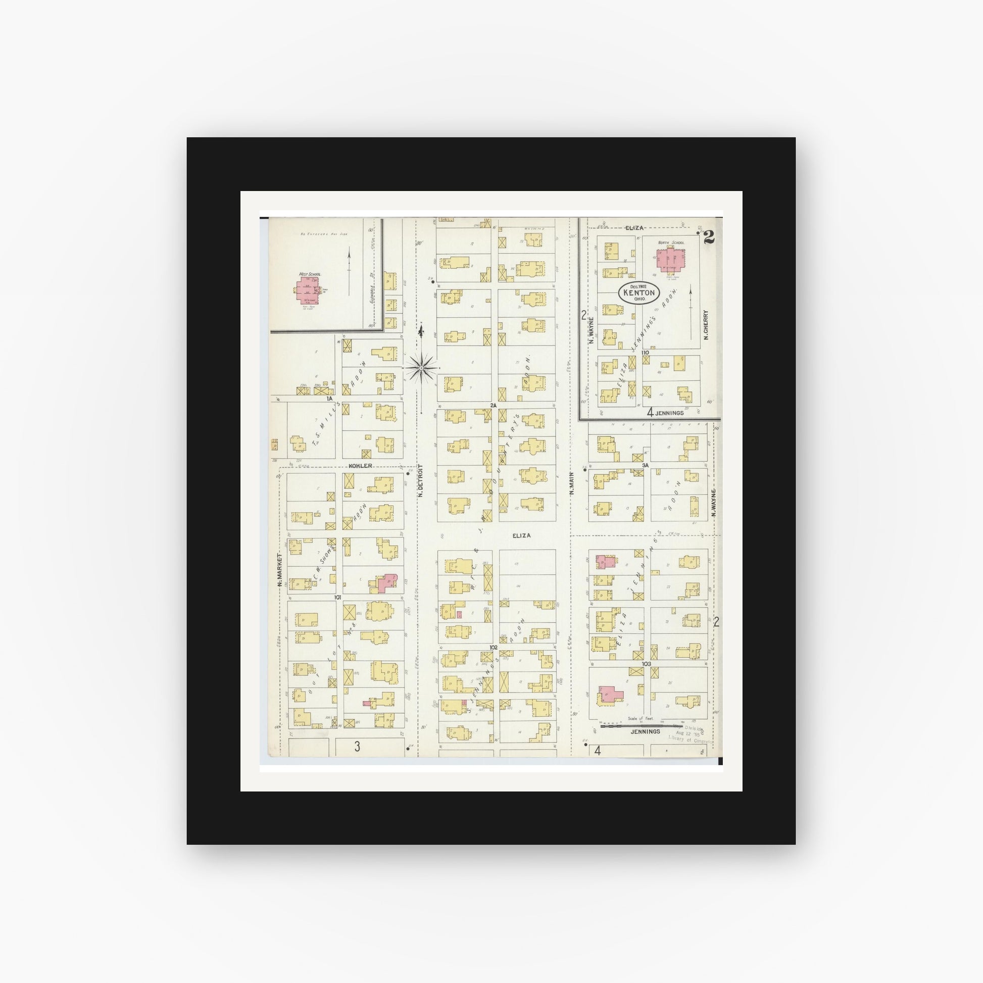 Old map wall art mockup — black gallery frame with white mat — Sanborn Fire Insurance Map from Kenton, Hardin County, Ohio (1902), Sheet #0002