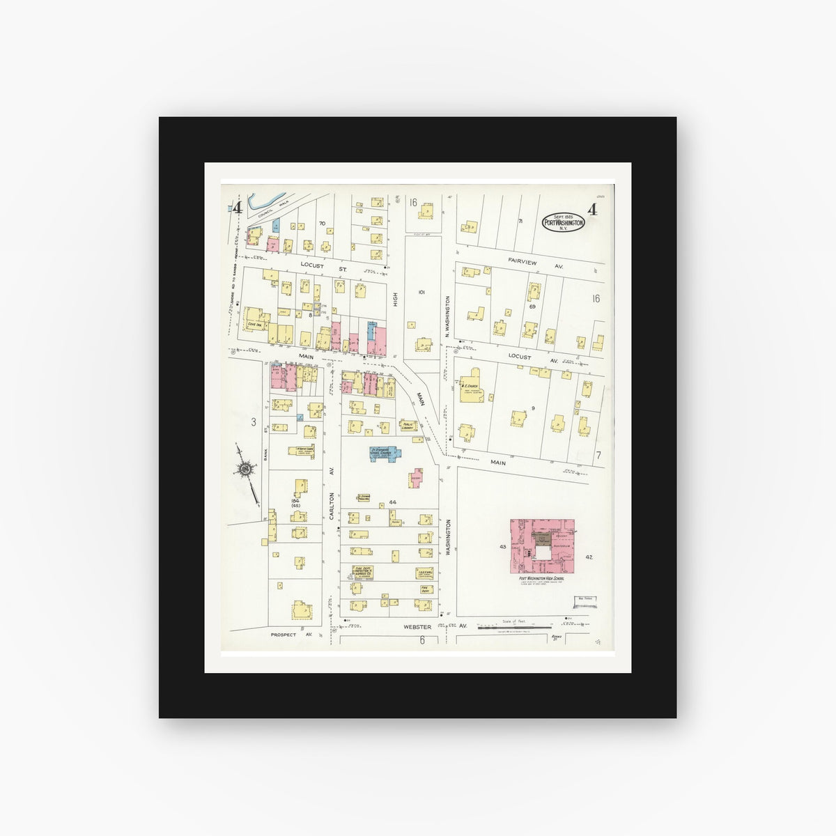 Old map wall art mockup — black gallery frame with white mat — Sanborn Fire Insurance Map from Port Washington, Nassau County, New York (1925), Sheet #0004