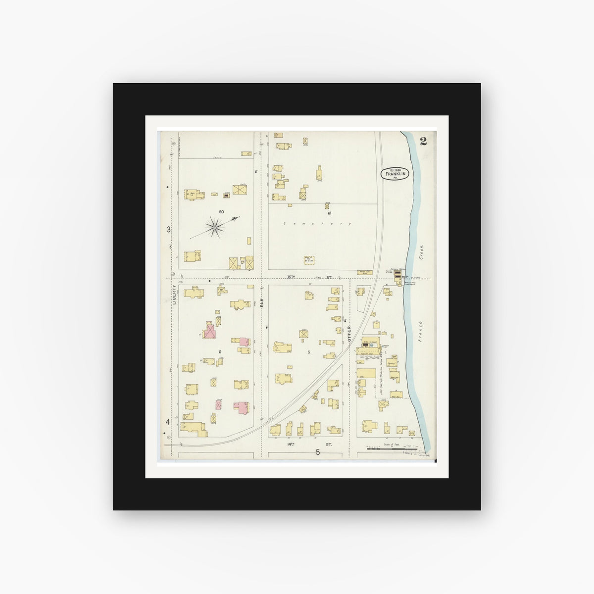 Old map wall art mockup — black gallery frame with white mat — Sanborn Fire Insurance Map from Franklin, Venango County, Pennsylvania (1896), Sheet #0002