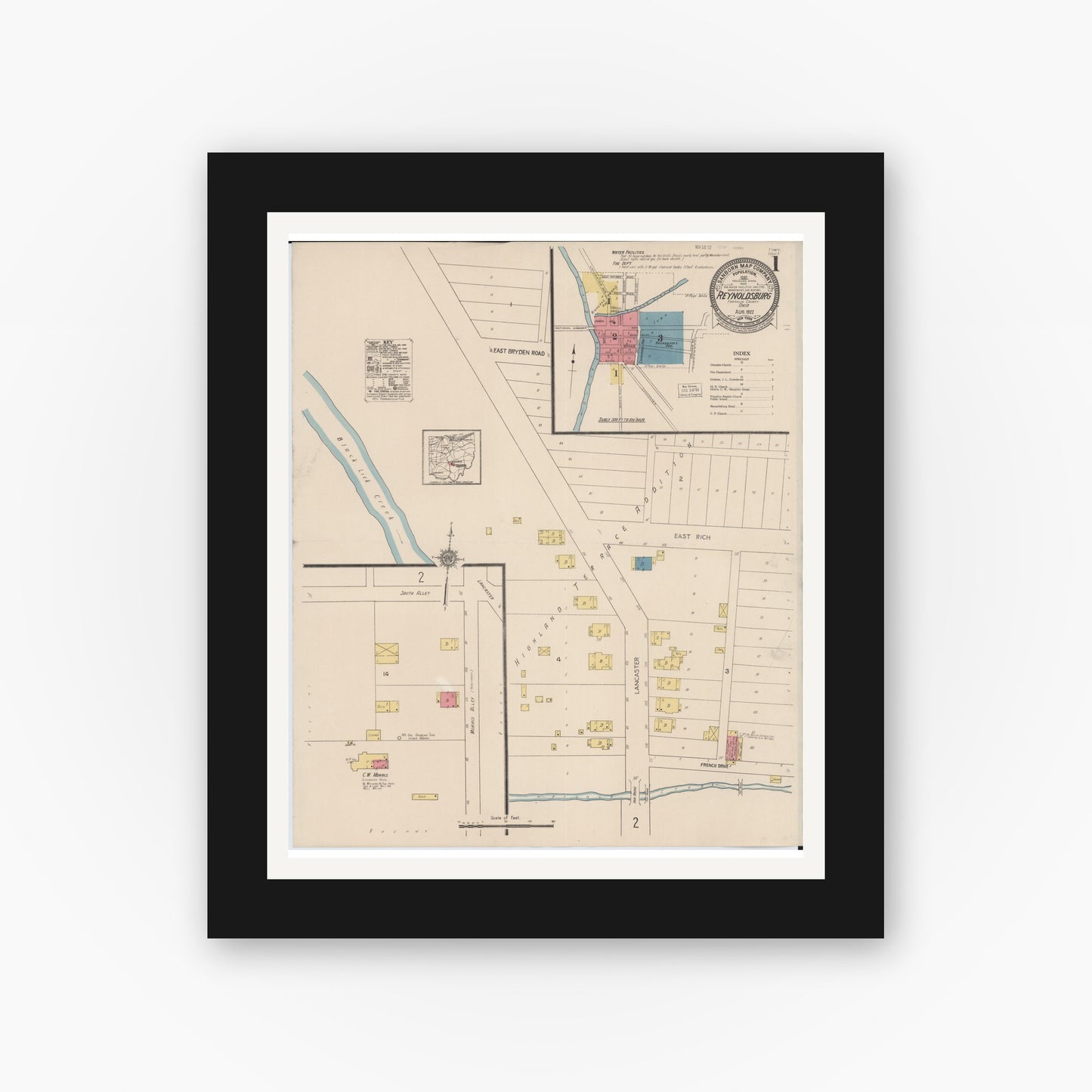 Old map wall art mockup — black gallery frame with white mat — Sanborn Fire Insurance Map from Reynoldsburg, Franklin County, Ohio (1922) - Complete Map Set