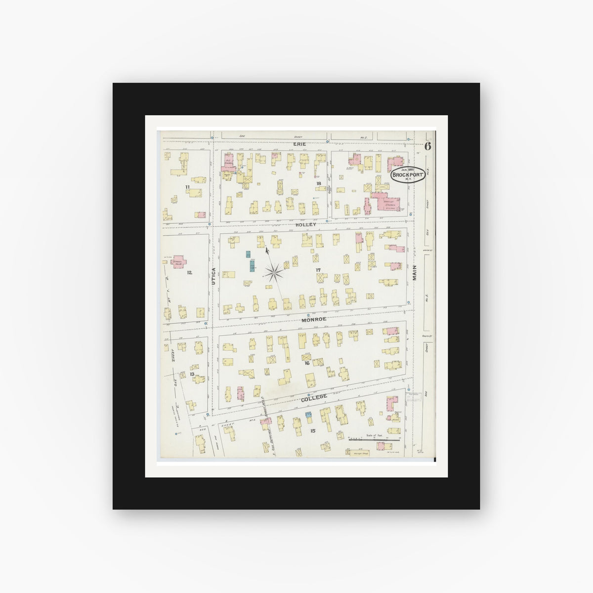 Old map wall art mockup — black gallery frame with white mat — Sanborn Fire Insurance Map from Brockport, Monroe County, New York (1892), Sheet #0006