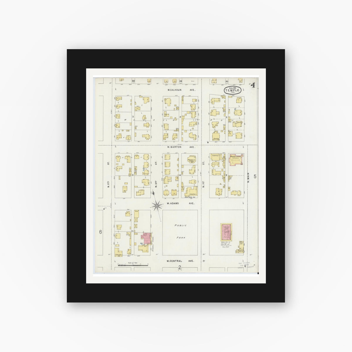 Old map wall art mockup — black gallery frame with white mat — Sanborn Fire Insurance Map from Temple, Bell County, Texas (1896), Sheet #0004