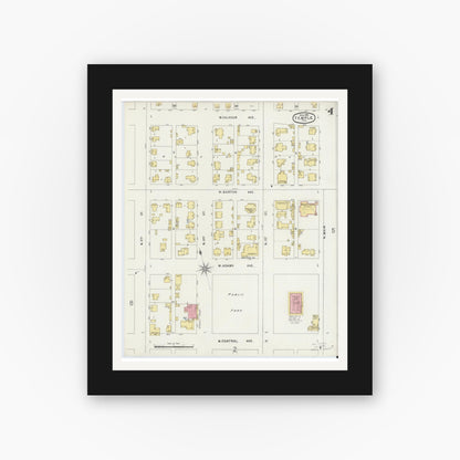 Old map wall art mockup — black gallery frame with white mat — Sanborn Fire Insurance Map from Temple, Bell County, Texas (1896), Sheet #0004