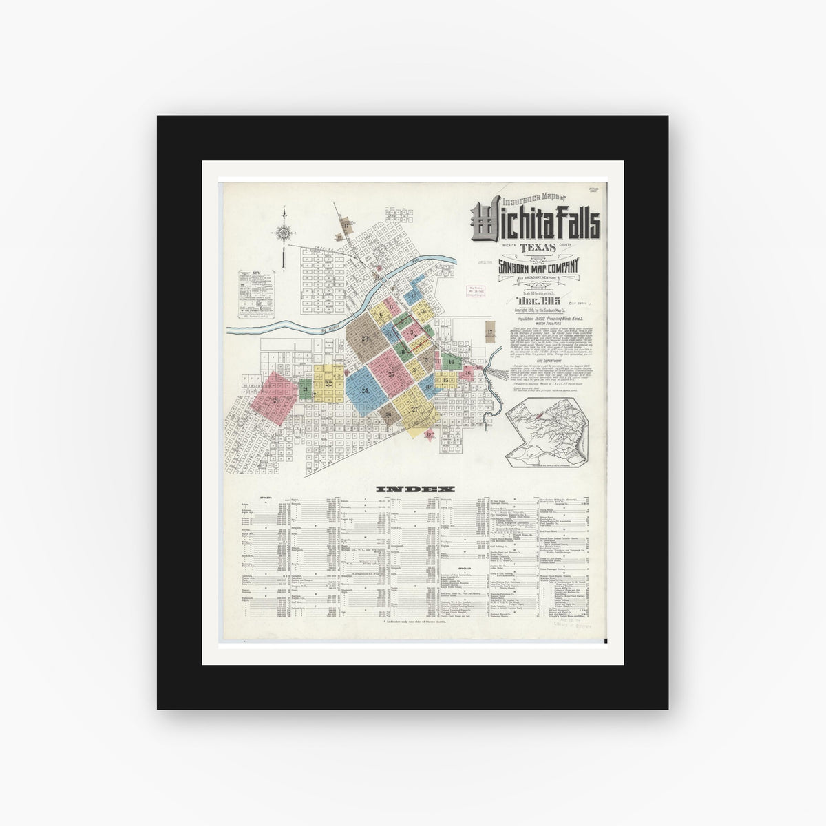 Old map wall art mockup — black gallery frame with white mat — Sanborn Fire Insurance Map from Wichita Falls, Wichita County, Texas (1915) - Complete Map Set