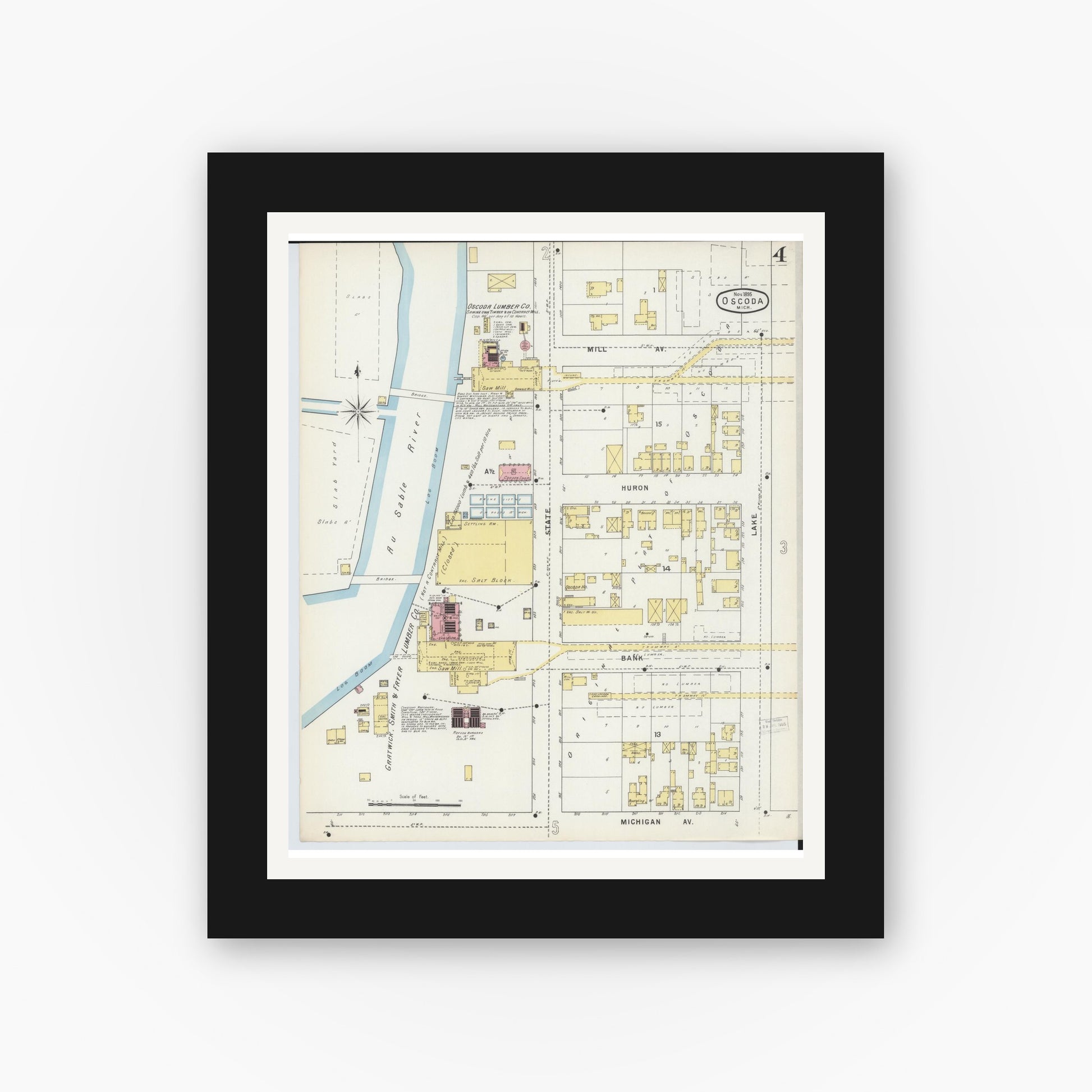 Old map wall art mockup — black gallery frame with white mat — Sanborn Fire Insurance Map from Oscoda, Iosco County, Michigan (1895), Sheet #0004