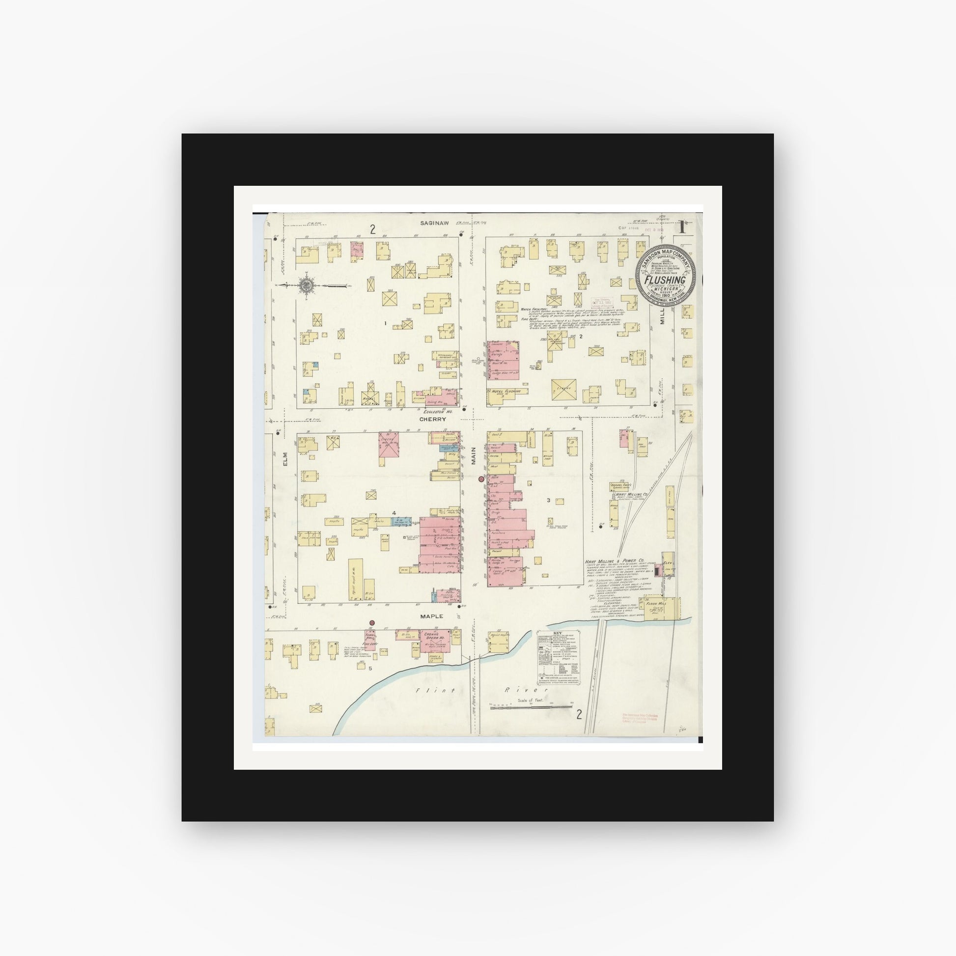 Old map wall art mockup — black gallery frame with white mat — Sanborn Fire Insurance Map from Flushing, Genesee County, Michigan (1910) - Complete Map Set
