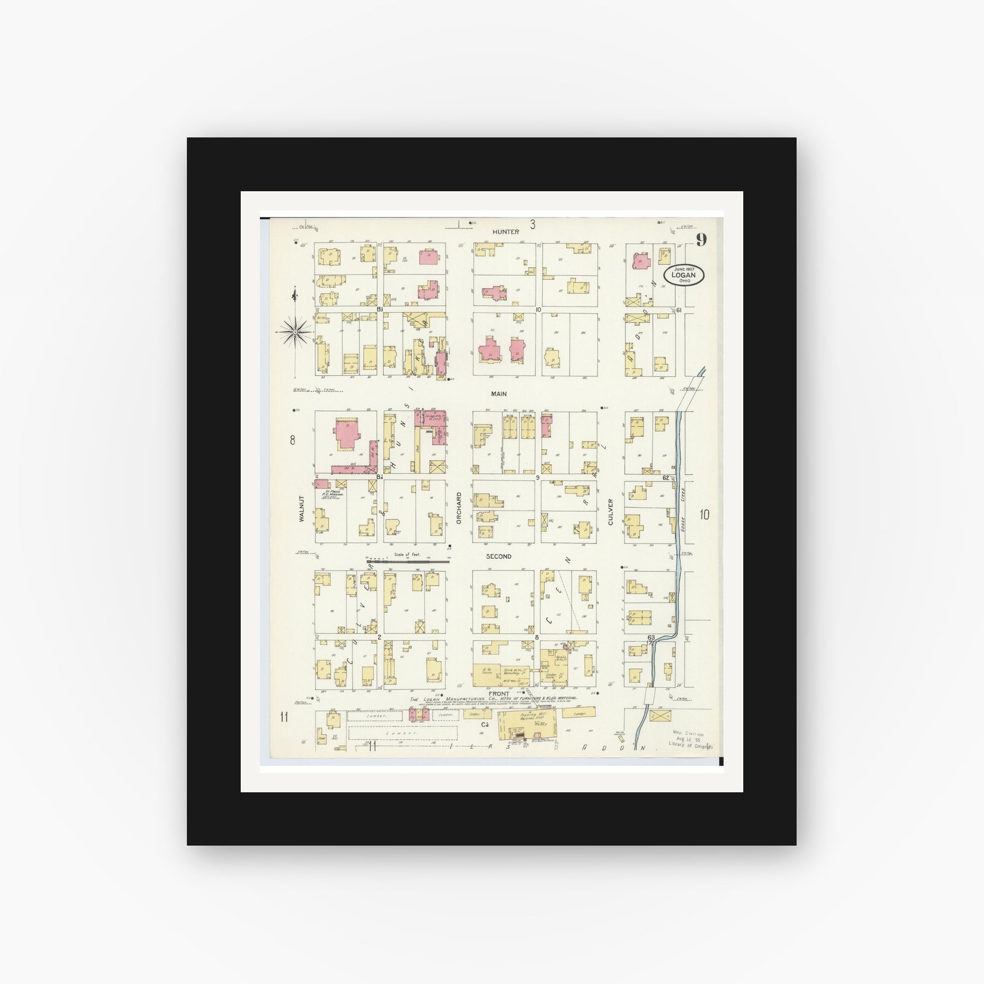 Old map wall art mockup — black gallery frame with white mat — Sanborn Fire Insurance Map from Logan, Hocking County, Ohio (1907), Sheet #0009