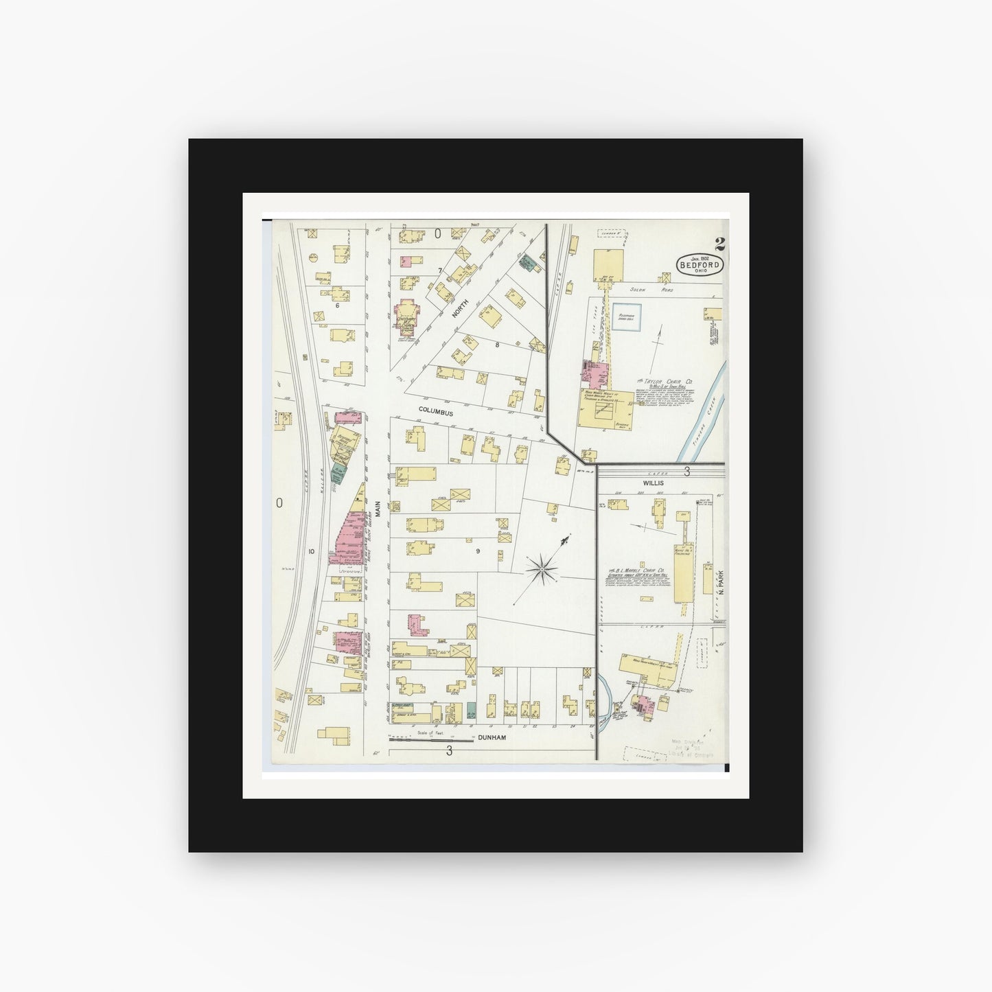 Old map wall art mockup — black gallery frame with white mat — Sanborn Fire Insurance Map from Bedford, Cuyahoga County, Ohio (1902), Sheet #0002