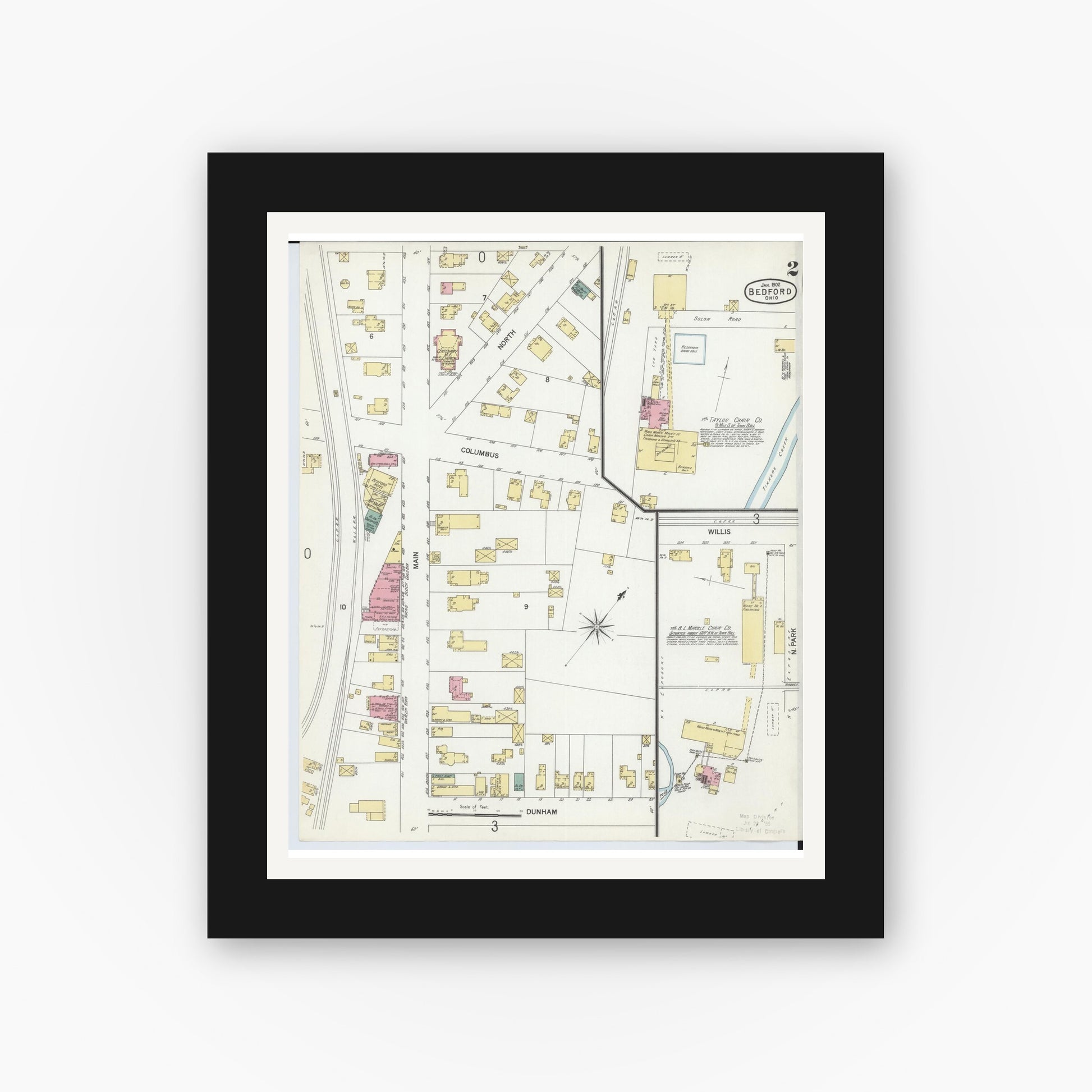 Old map wall art mockup — black gallery frame with white mat — Sanborn Fire Insurance Map from Bedford, Cuyahoga County, Ohio (1902), Sheet #0002