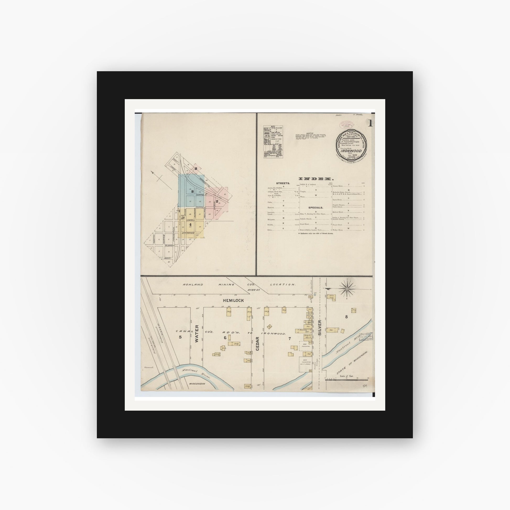 Old map wall art mockup — black gallery frame with white mat — Sanborn Fire Insurance Map from Ironwood, Gogebic County, Michigan (1888), Sheet #0001