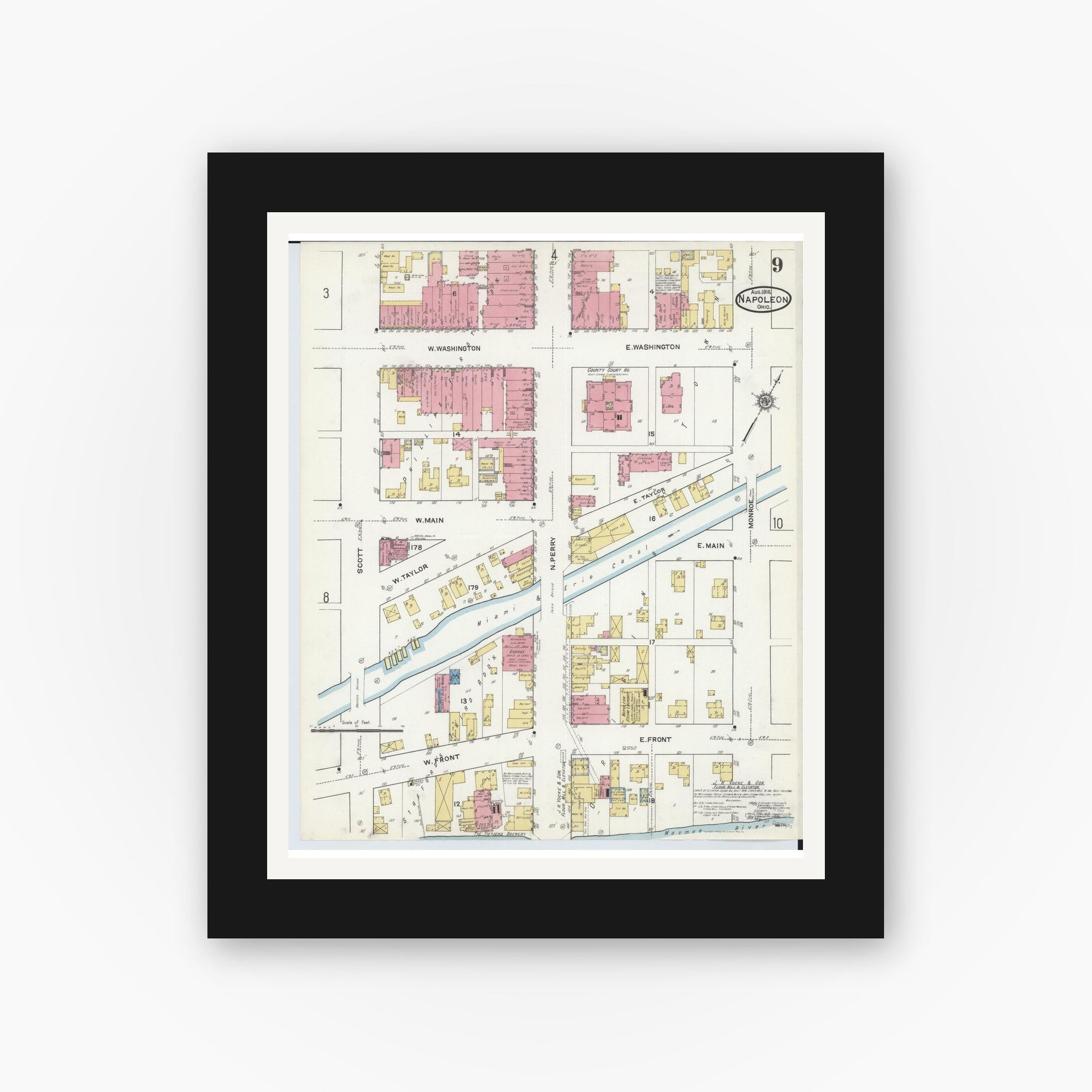 Old map wall art mockup — black gallery frame with white mat — Sanborn Fire Insurance Map from Napoleon, Henry County, Ohio (1916), Sheet #0009