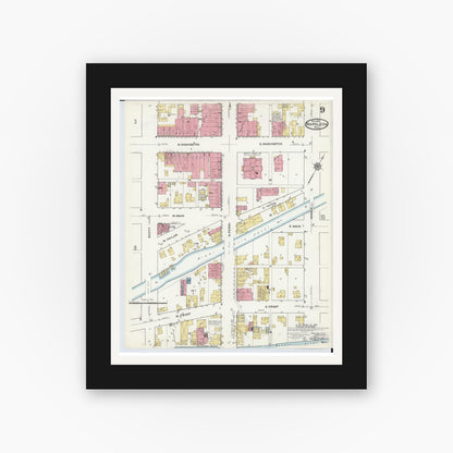 Old map wall art mockup — black gallery frame with white mat — Sanborn Fire Insurance Map from Napoleon, Henry County, Ohio (1916), Sheet #0009