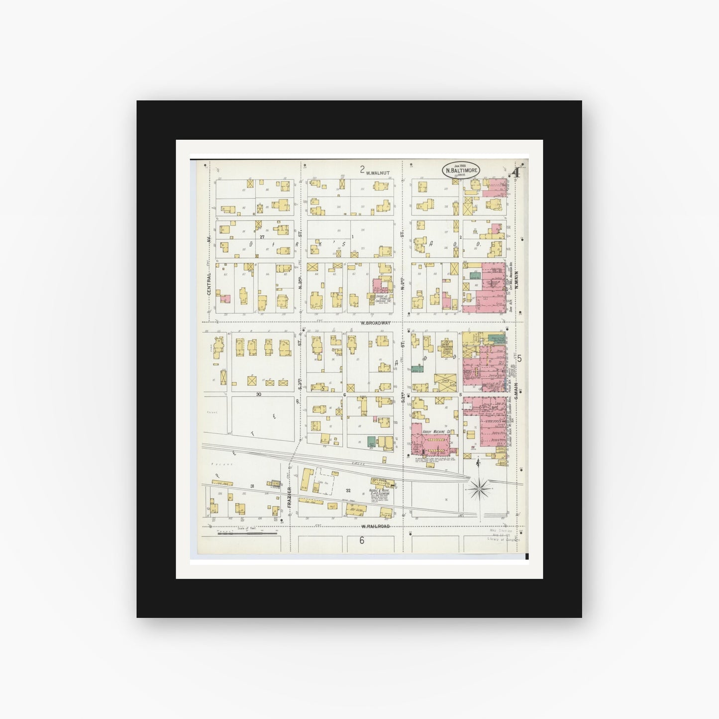 Old map wall art mockup — black gallery frame with white mat — Sanborn Fire Insurance Map from North Baltimore, Wood County, Ohio (1900), Sheet #0004