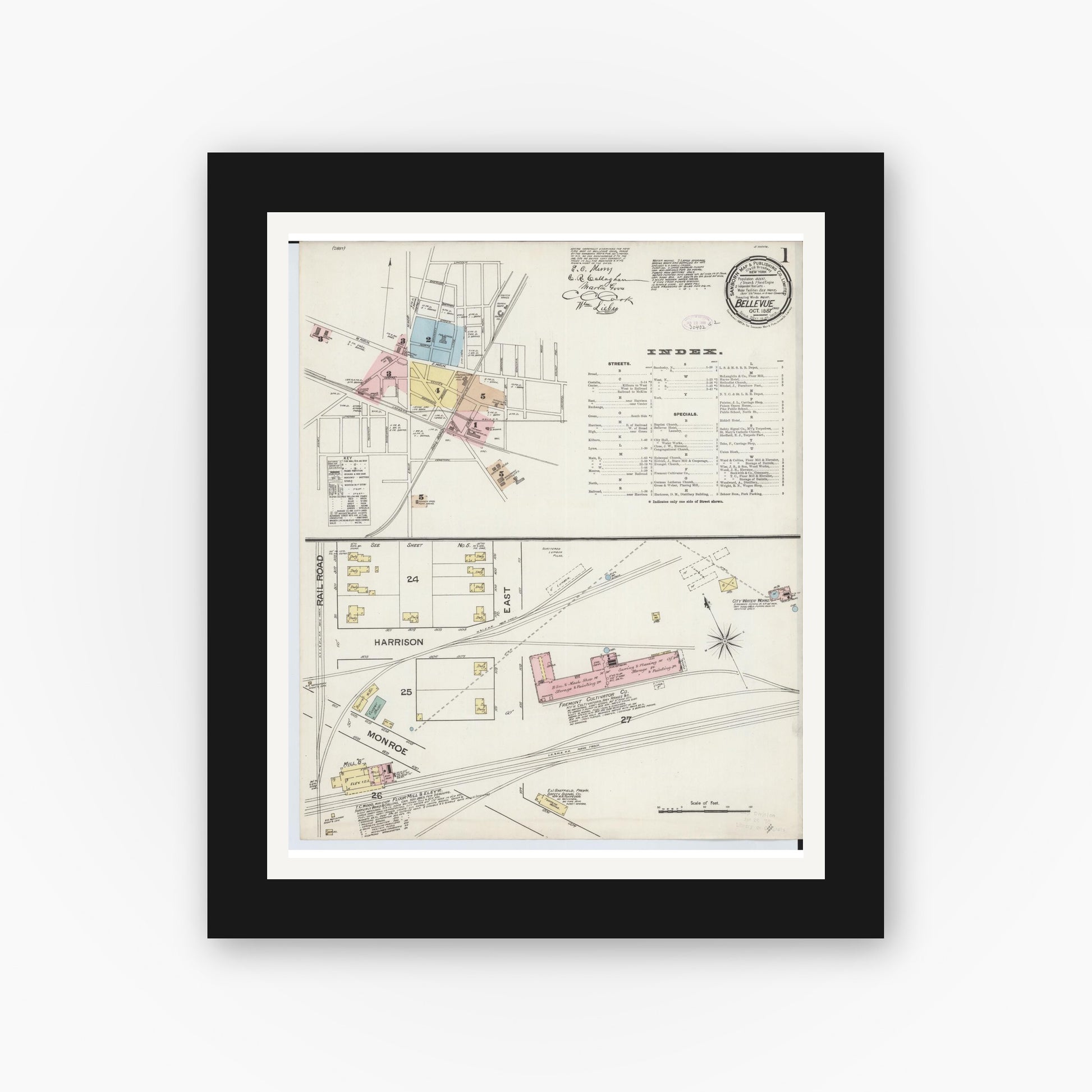 Old map wall art mockup — black gallery frame with white mat — Sanborn Fire Insurance Map from Bellevue, Huron And Sandusky County, Ohio (1887) - Complete Map Set